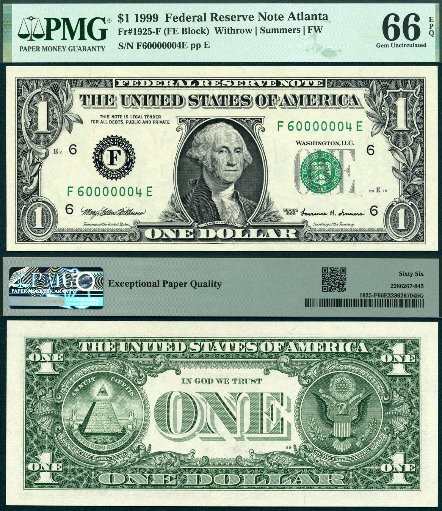 1999 $1 Federal Reserve Note PMG Gem 66EPQ Fancy S/N F60000004E