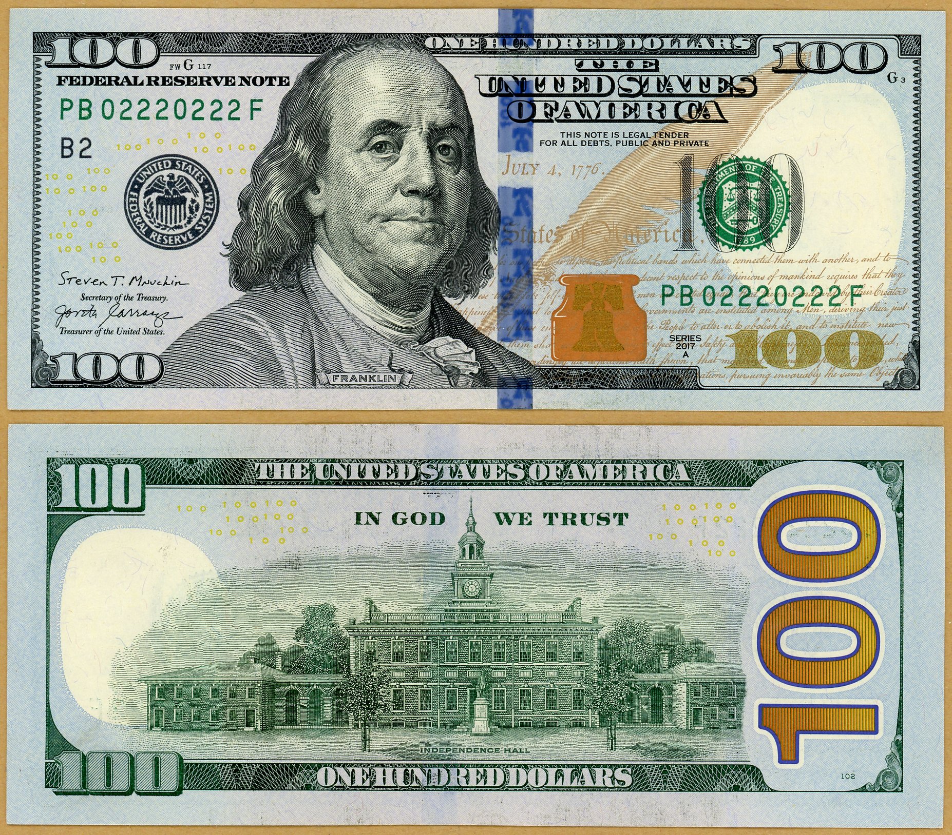 2017A $100 Federal Reserve Note FR-2189B AU S/N PB02220222F