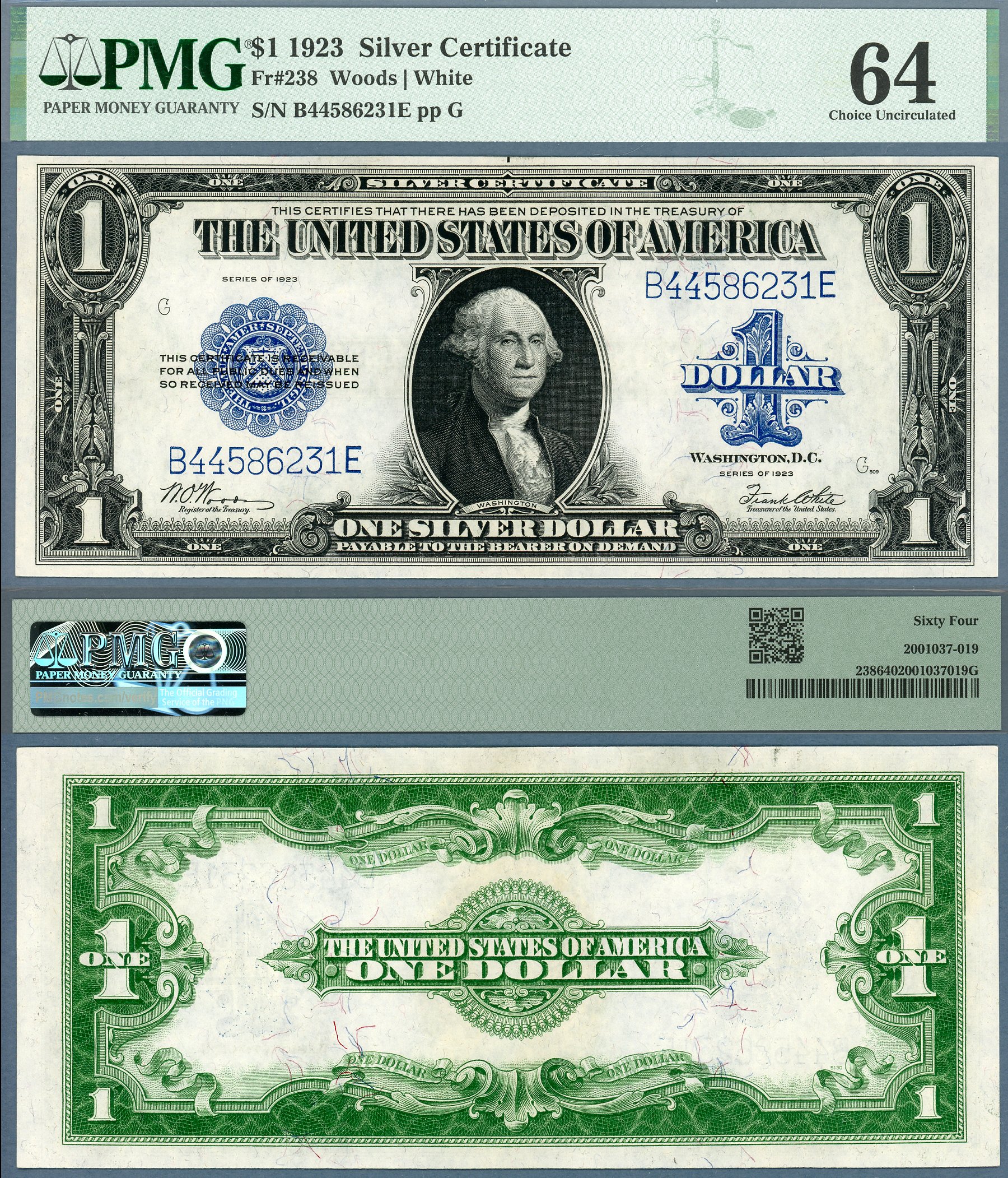 1923 $1 Silver Certificate FR-238 PMG CU64 S/N B44586231E #5 of 5 Consecutive