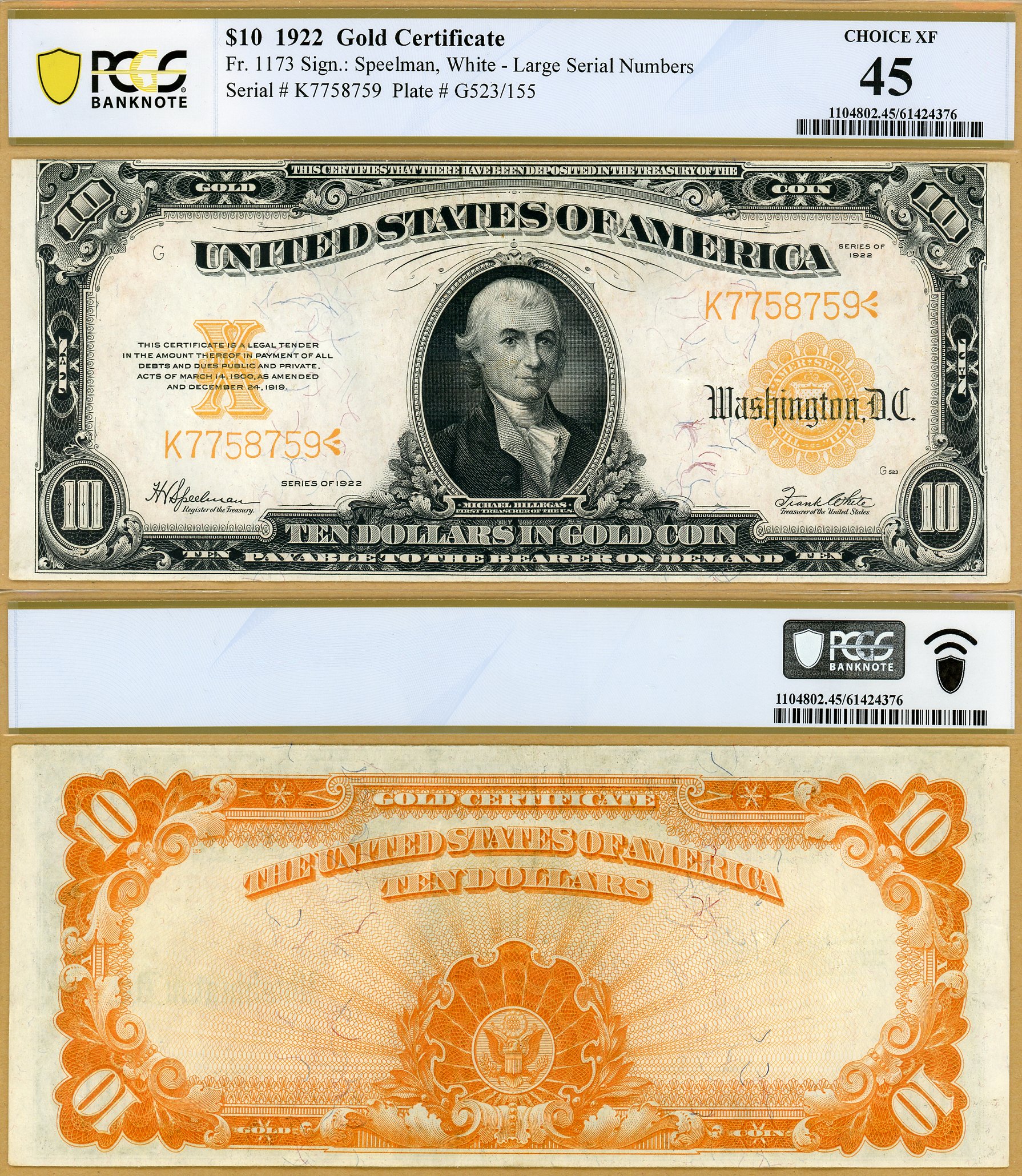 1922 $10 Gold Certificate FR-1173 PCGS B Graded Choice XF45 S/N K7758759