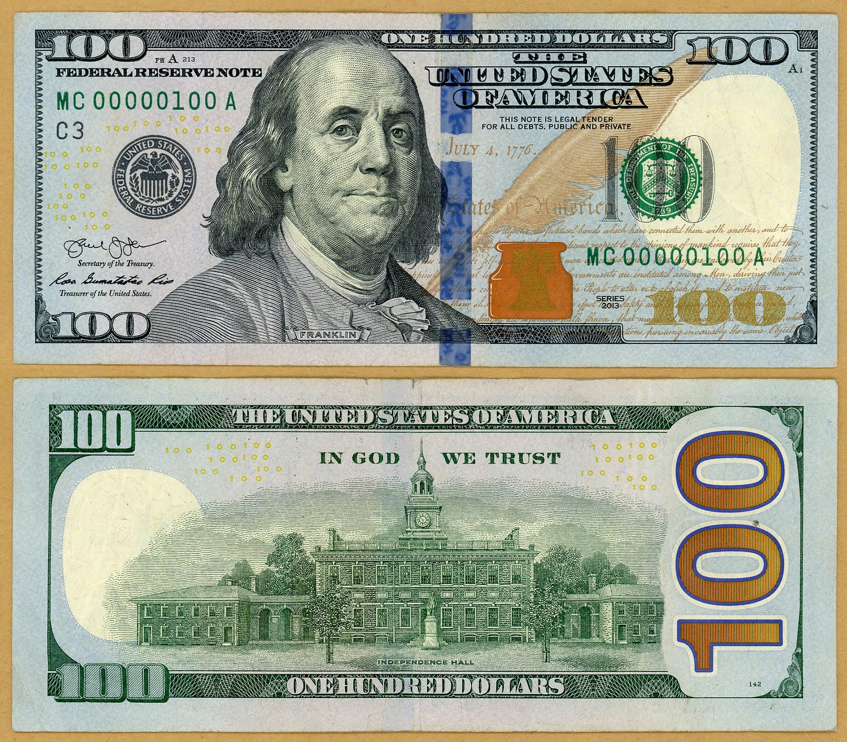 2013 $100 Federal Reserve Note FR-2188C S/N MC00000100A