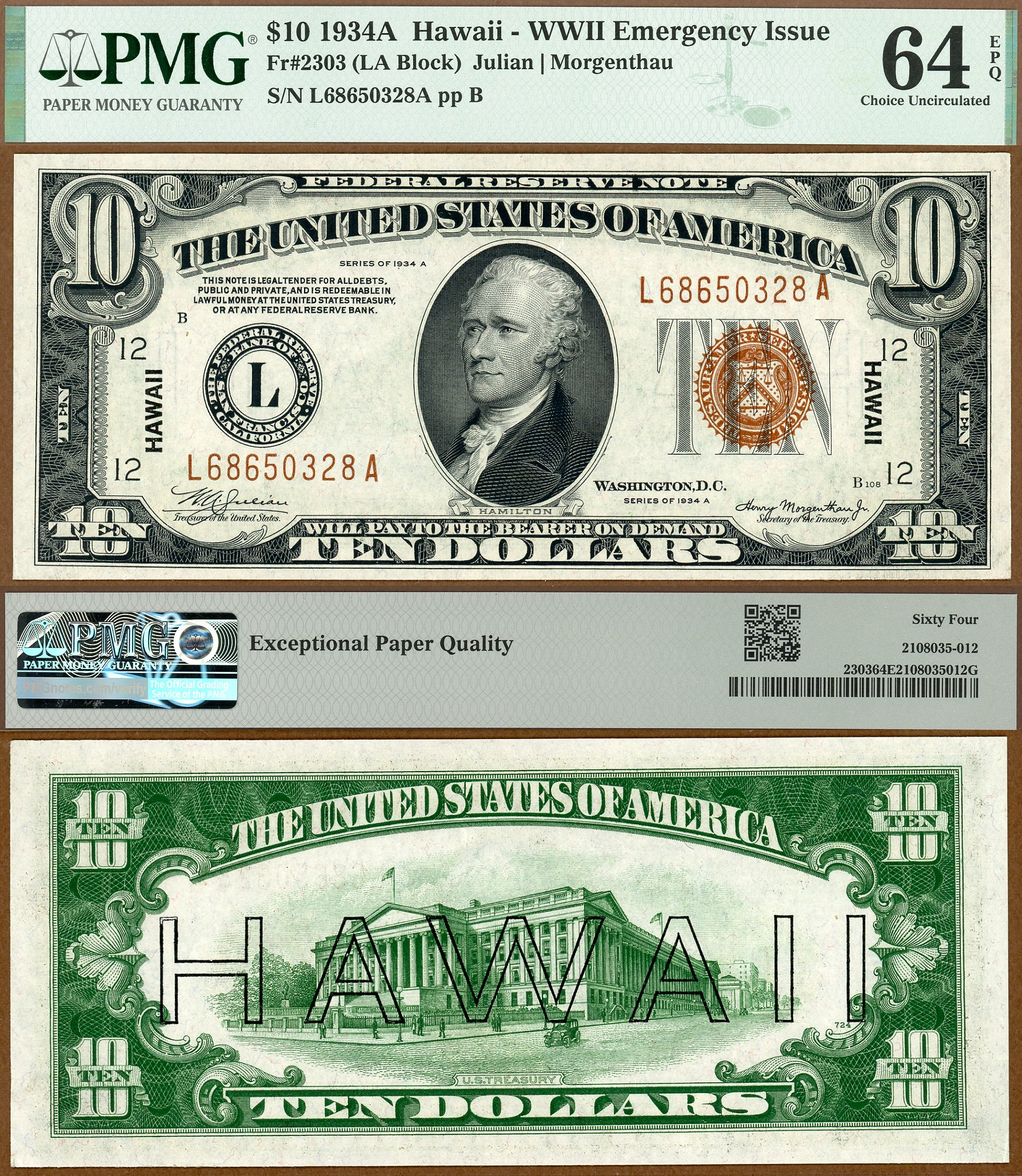 1934A $10 Hawaii FRN FR-2303 PMG CU 64EPQ S/N L68650328A #2 of 4 Consecutive