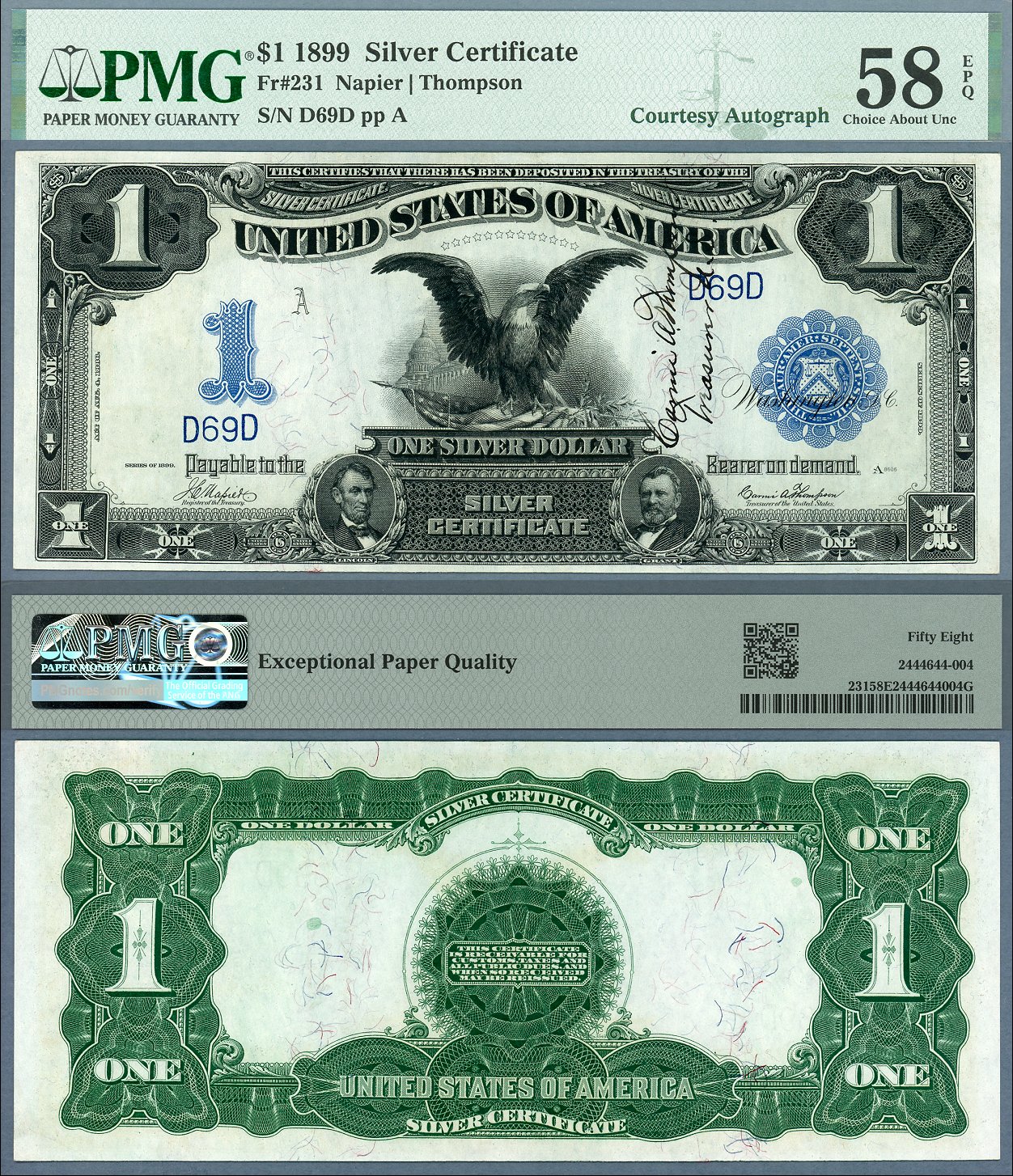 1899 $1 Silver Certificate FR-231 Courtesy Autograph by Carmi A. Thompson Low S/N D69D
