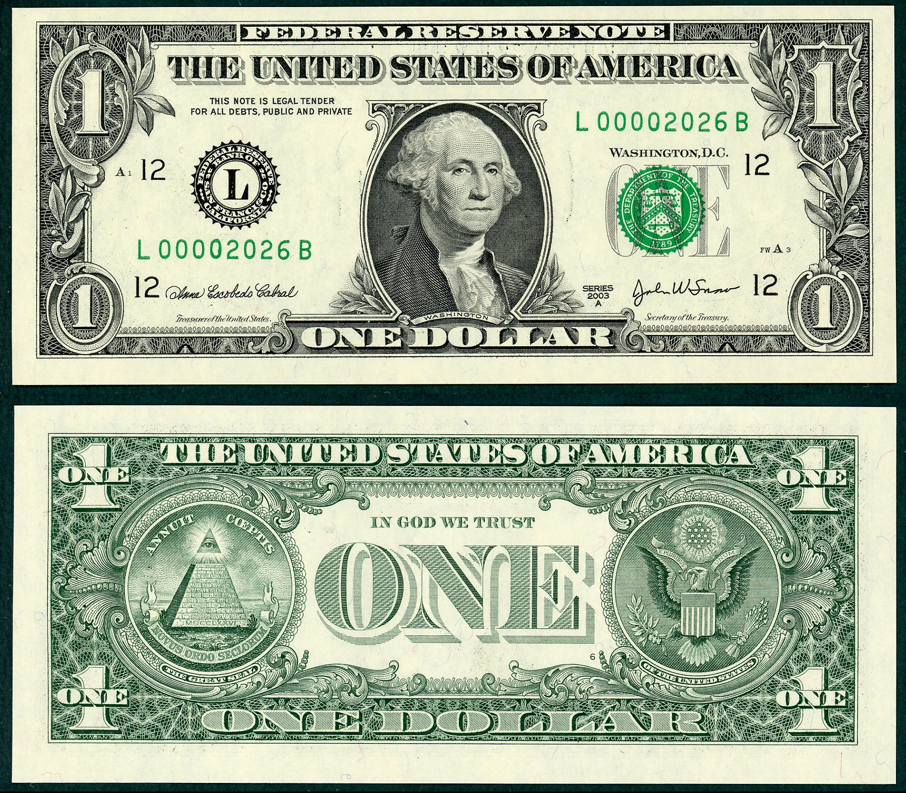 2003A $1 Federal Reserve Note Birthyear S/N L00002026B