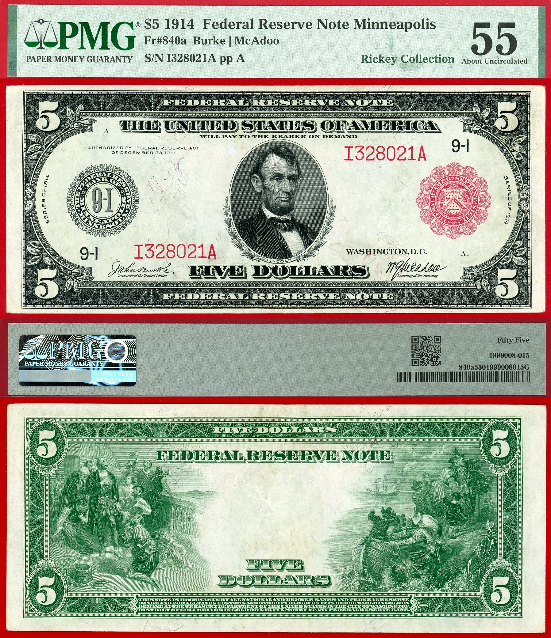 1914 $5 FRN FR-840a Red Seal Minneapolis PMG AU55 S/N I328021A