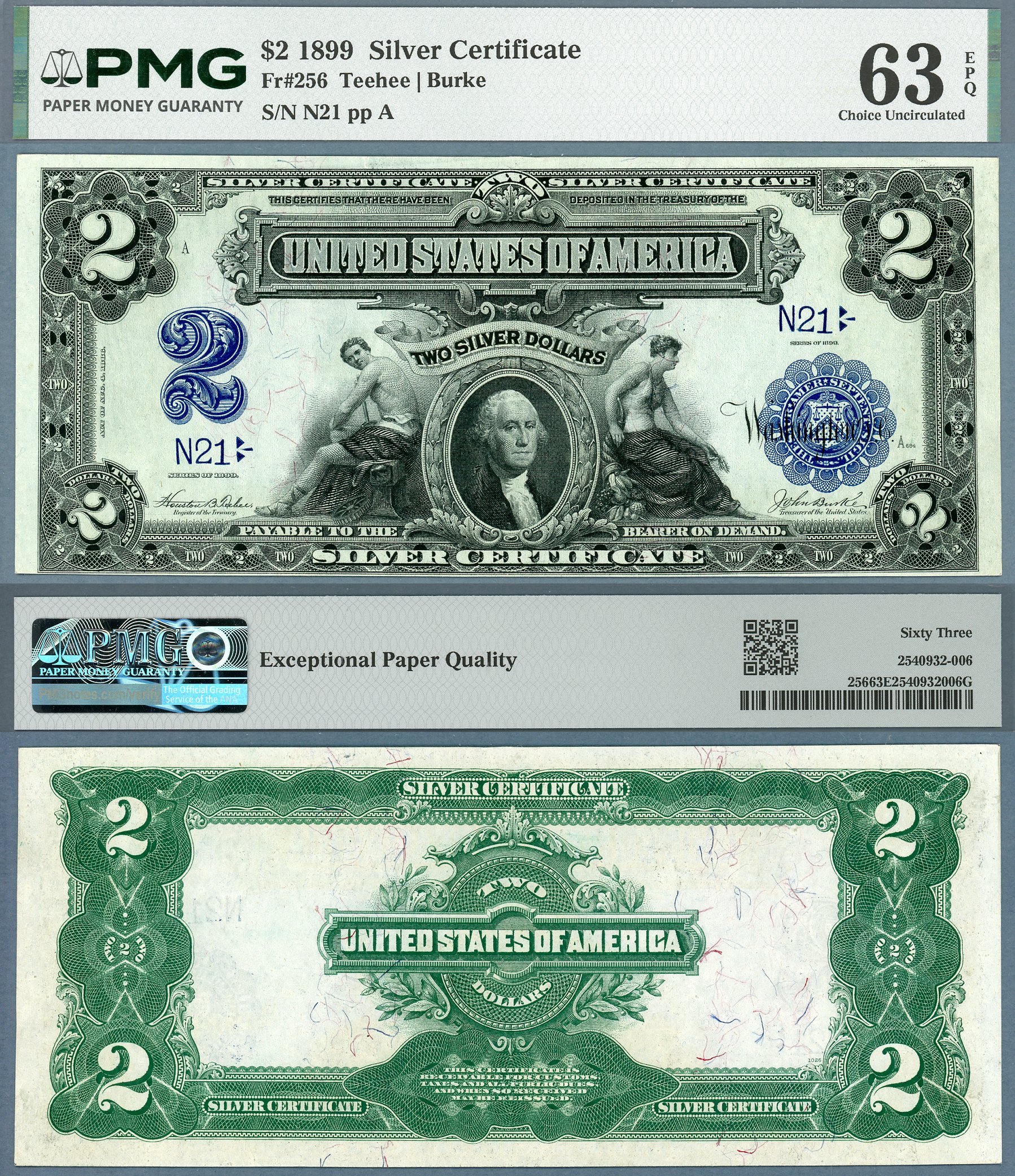 1899 $2 Silver Certificate FR-256 PMG CU63 EPQ Low S/N N21