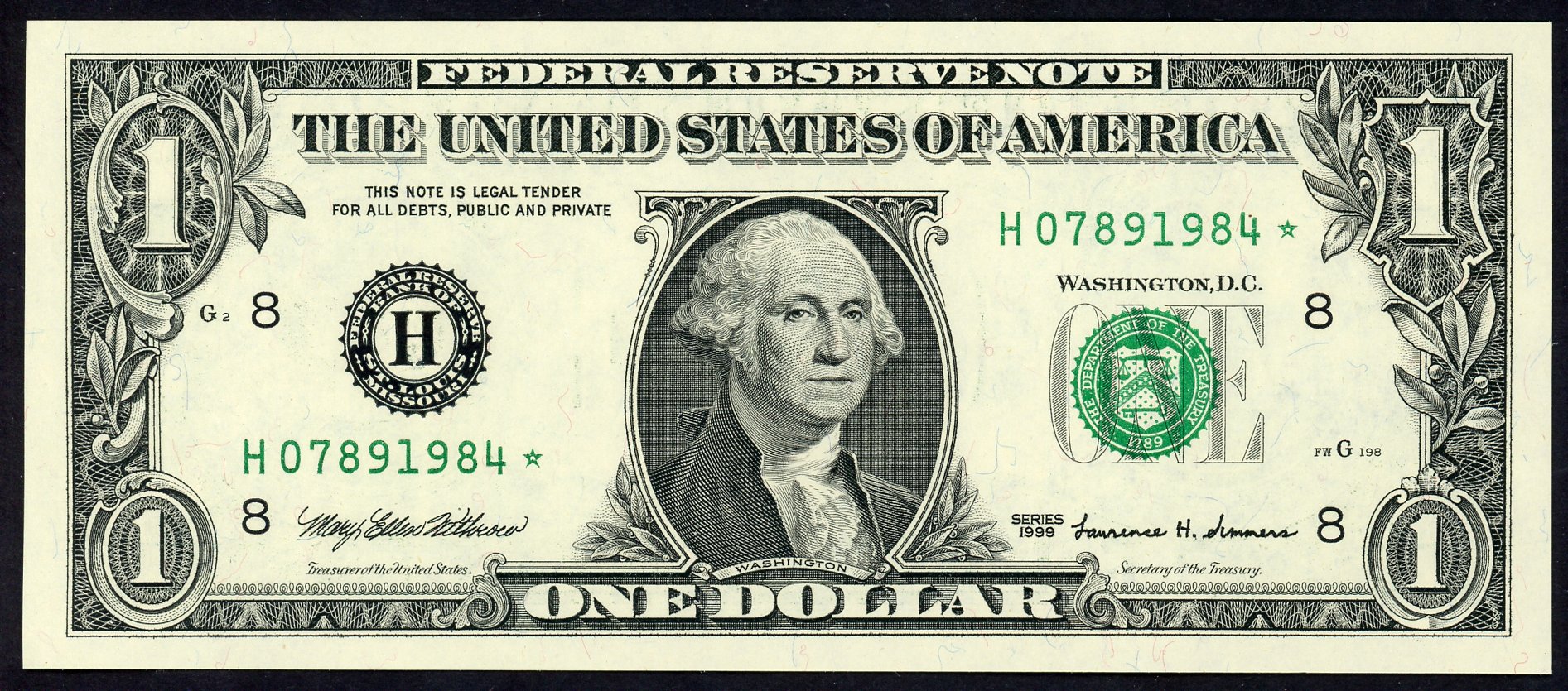 1999 $1 Federal Reserve Star Note S/N H07891984*