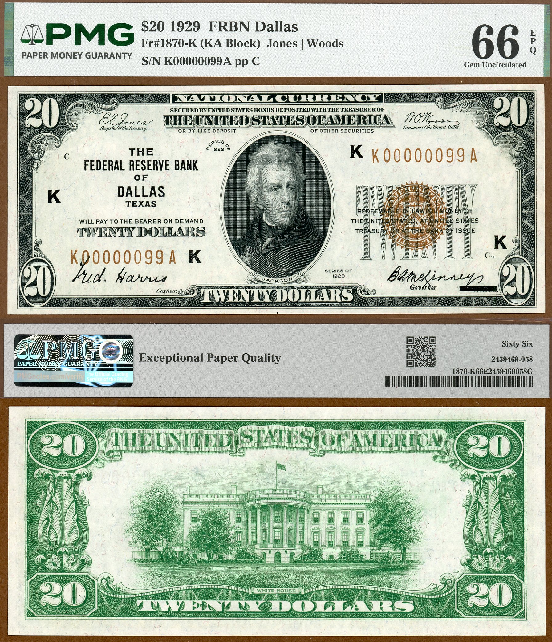 1929 $20 FRBN FR-1870K PMG Gem 66EPQ Dallas Texas Low Fancy S/N K00000099A