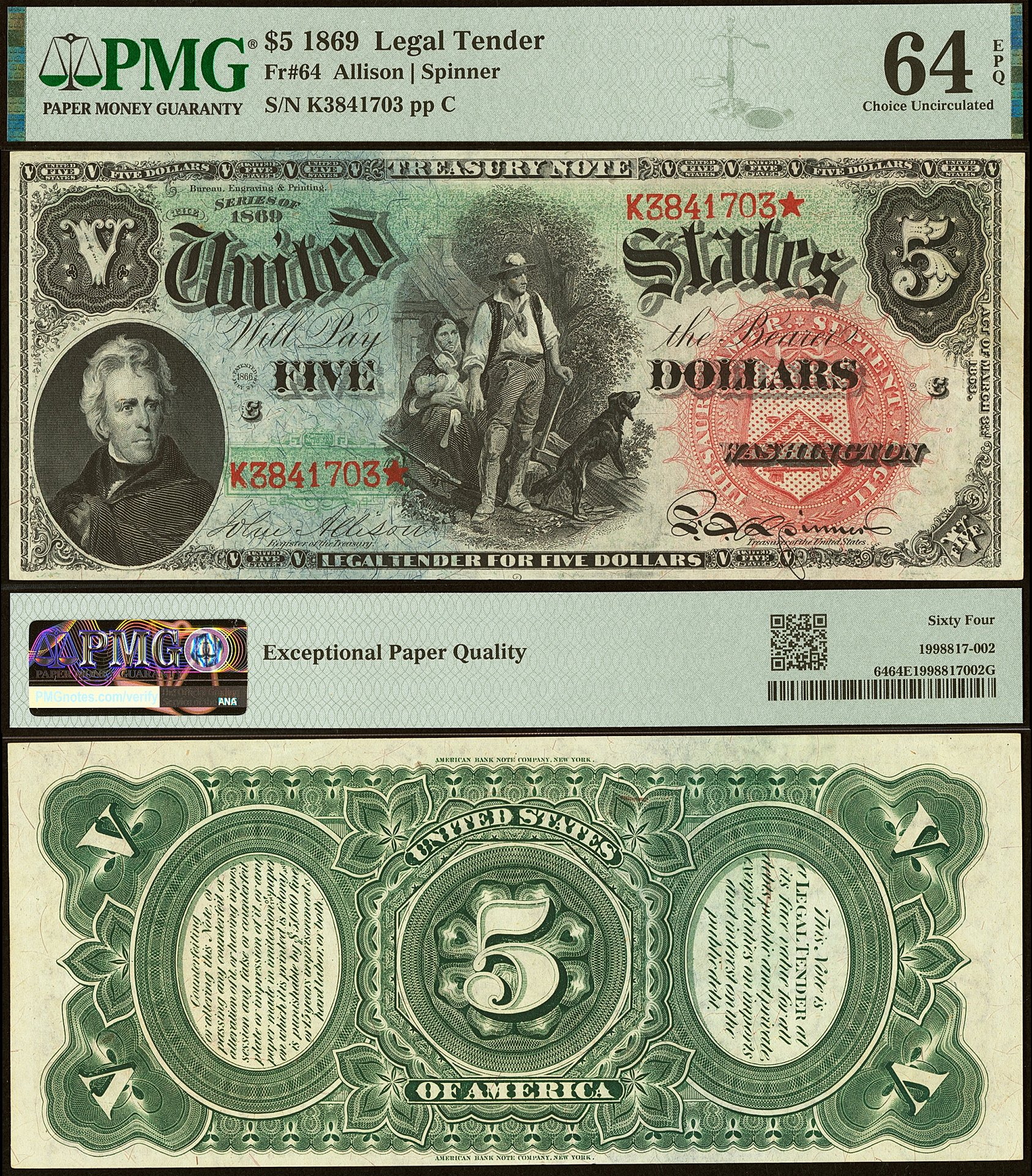 1869 $5 Legal Tender Rainbow Woodchopper Note FR-64 PMG CU64EPQ S/N K3841703*