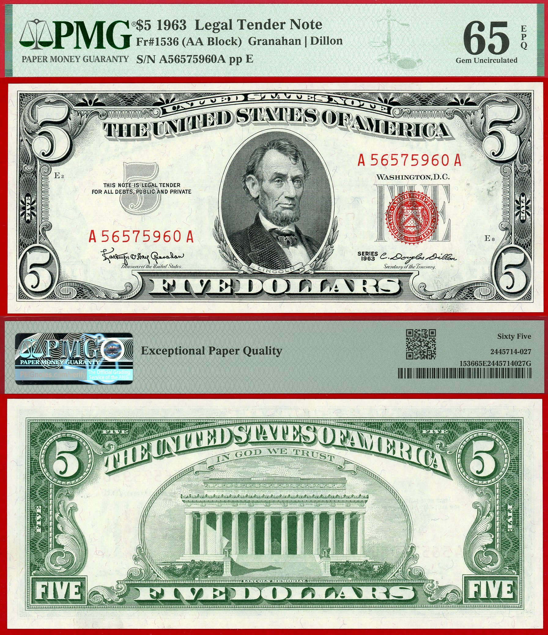 1963 $5 Legal Tender Note FR-1536 PMG Gem 65EPQ S/N A56575960A