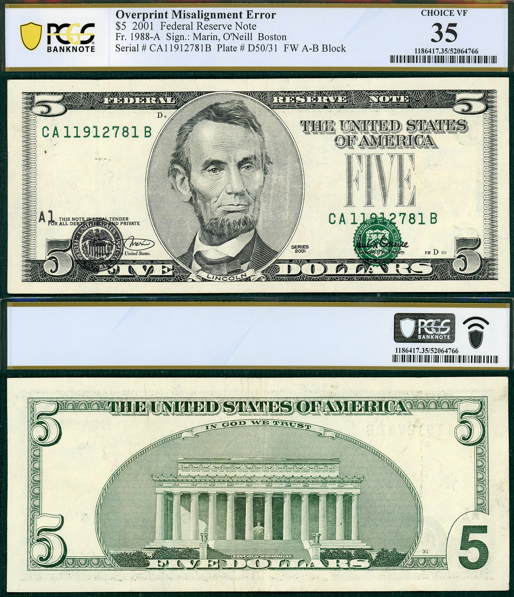 2001 $5 FRN Overprint Misalignment Error PCGS B VF35 S/N CA11912781B
