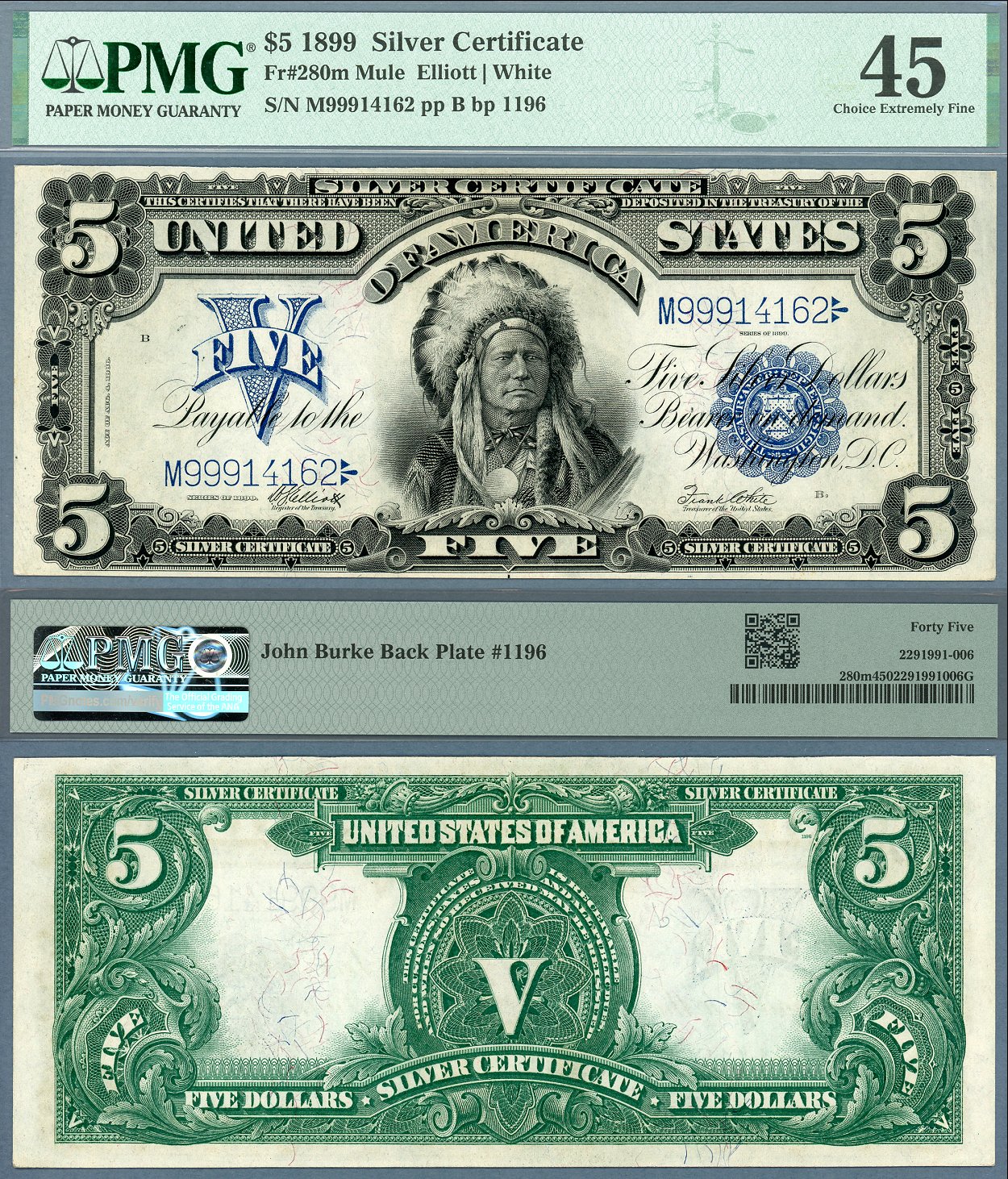 1899 $5 Silver Certificate Chief Note FR-280m Mule PMG Choice Extremely Fine 45 S/N M99914162