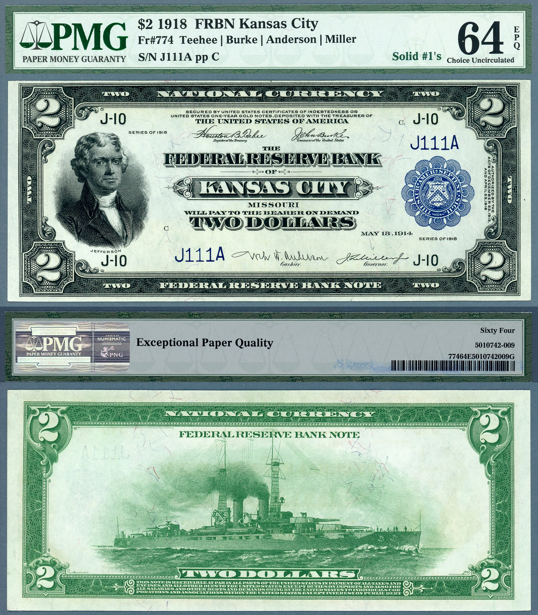 1918 $2 Federal Reserve Bank Note AKA The Battleship FR-774 PMG CU 64EPQ Fancy Solid S/N J111A