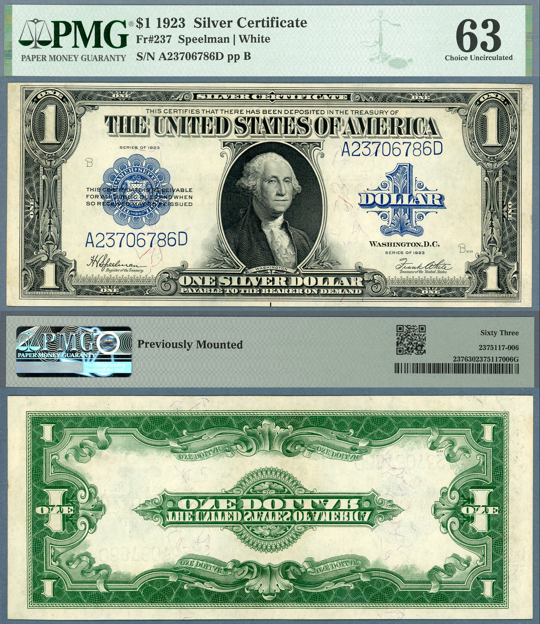 1923 $1 Silver Certificate FR-237 PMG CU 63 Previously Mounted S/N A23706786D