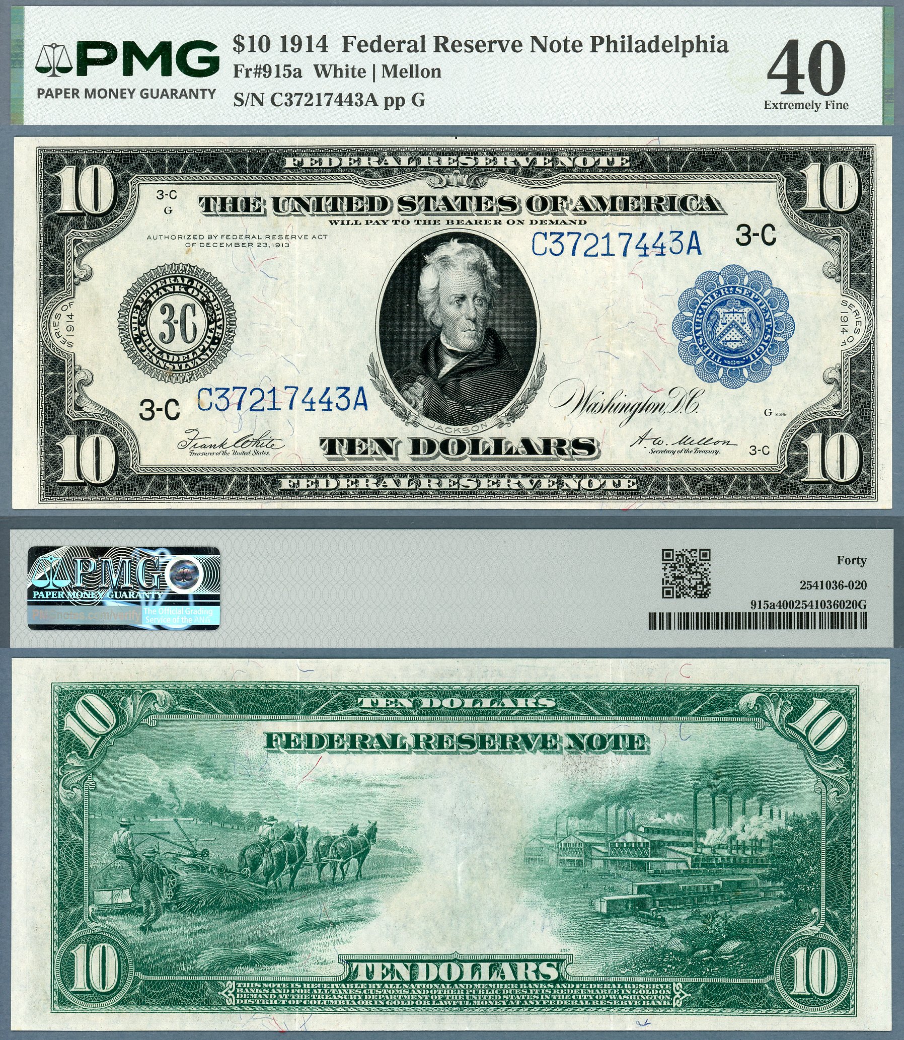 1914 $10 Federal Reserve Note FR-915a Philadelphia PMG EF40 S/N C37217443A