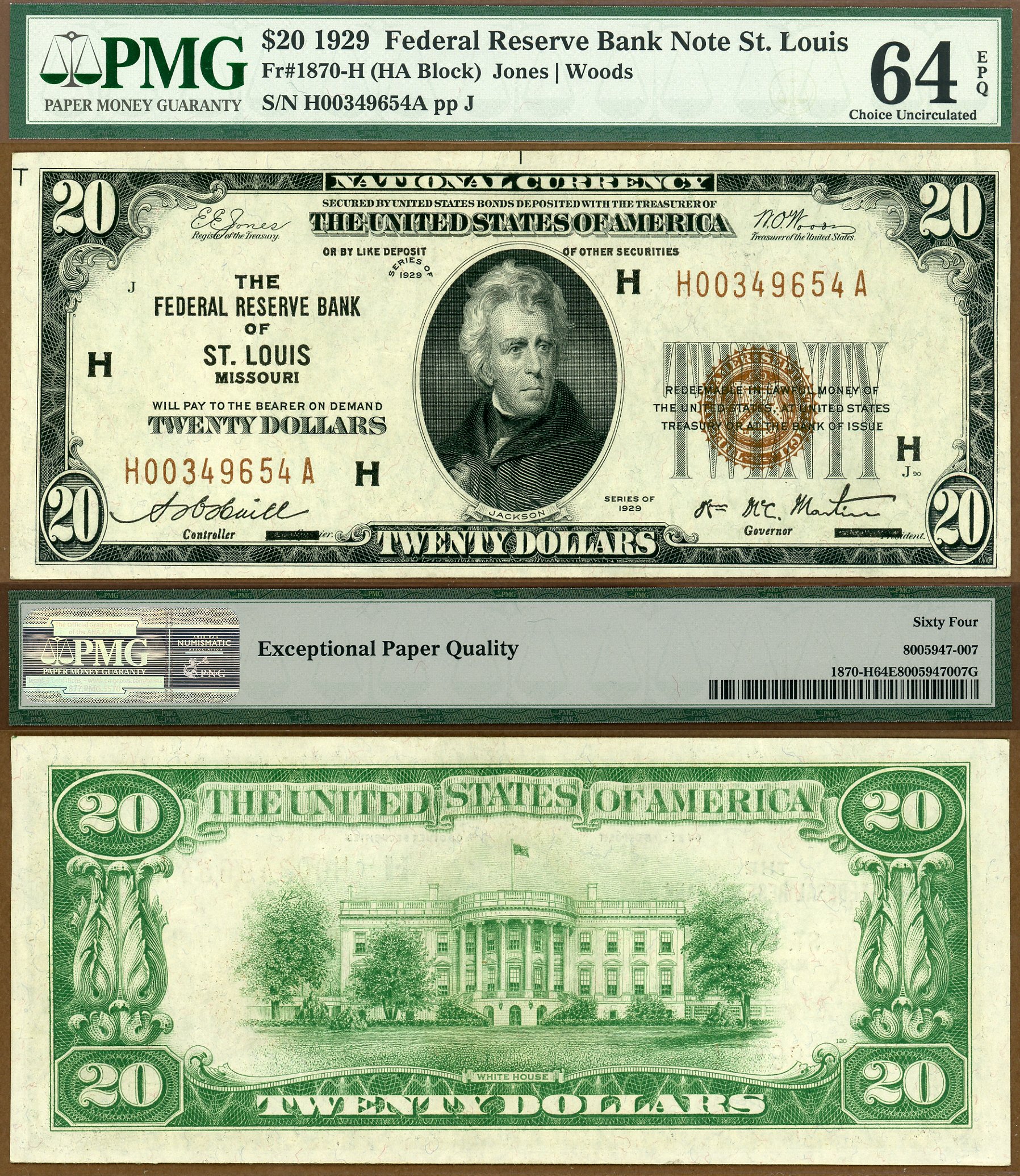 1929 $20 Federal Reserve Bank Note FR-1870-H St Louis S/N H00349654A