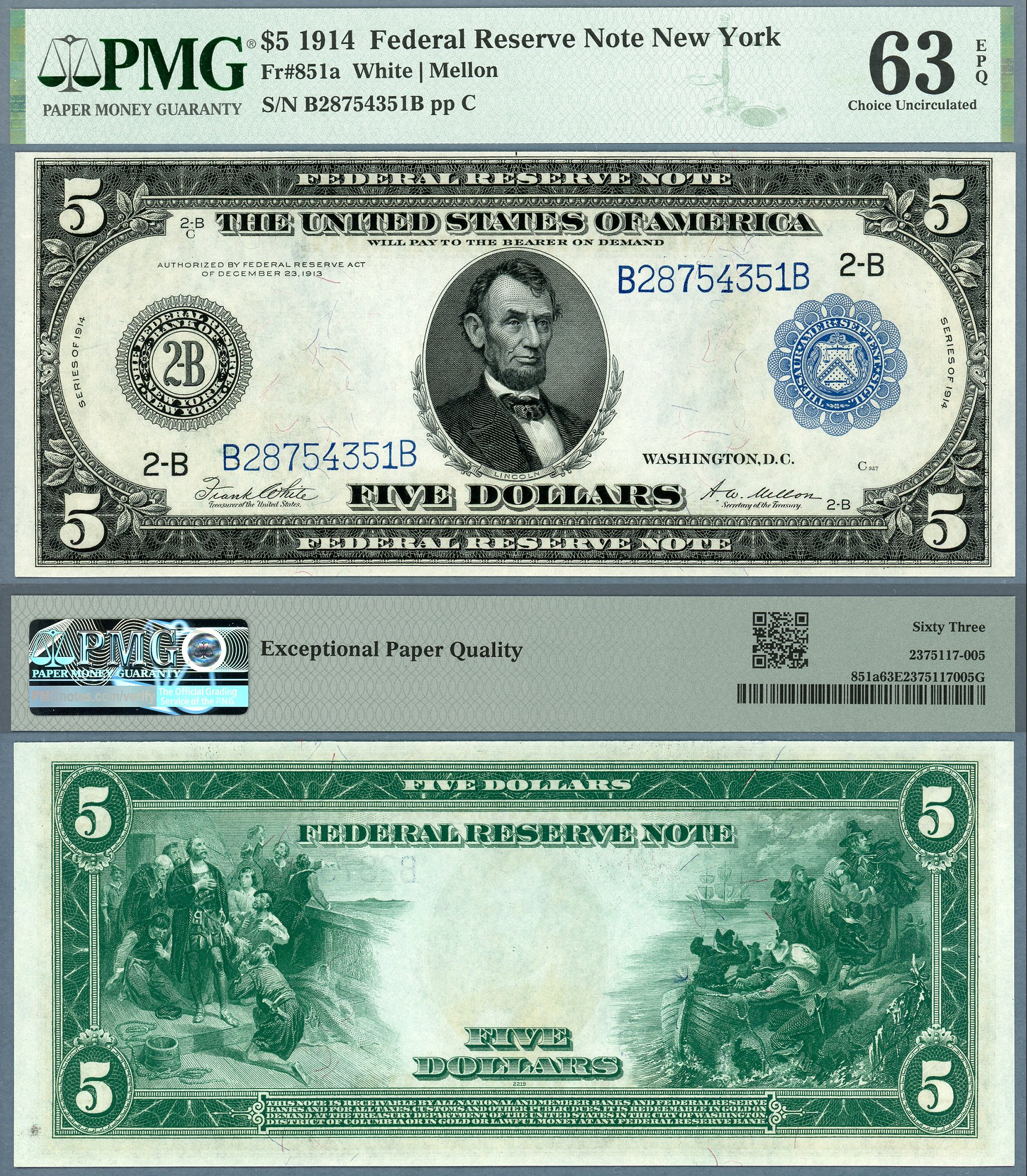 1914 $5 Federal Reserve Note FR-851a PMG CU 63EPQ New York White & Mellon S/N B28754351B