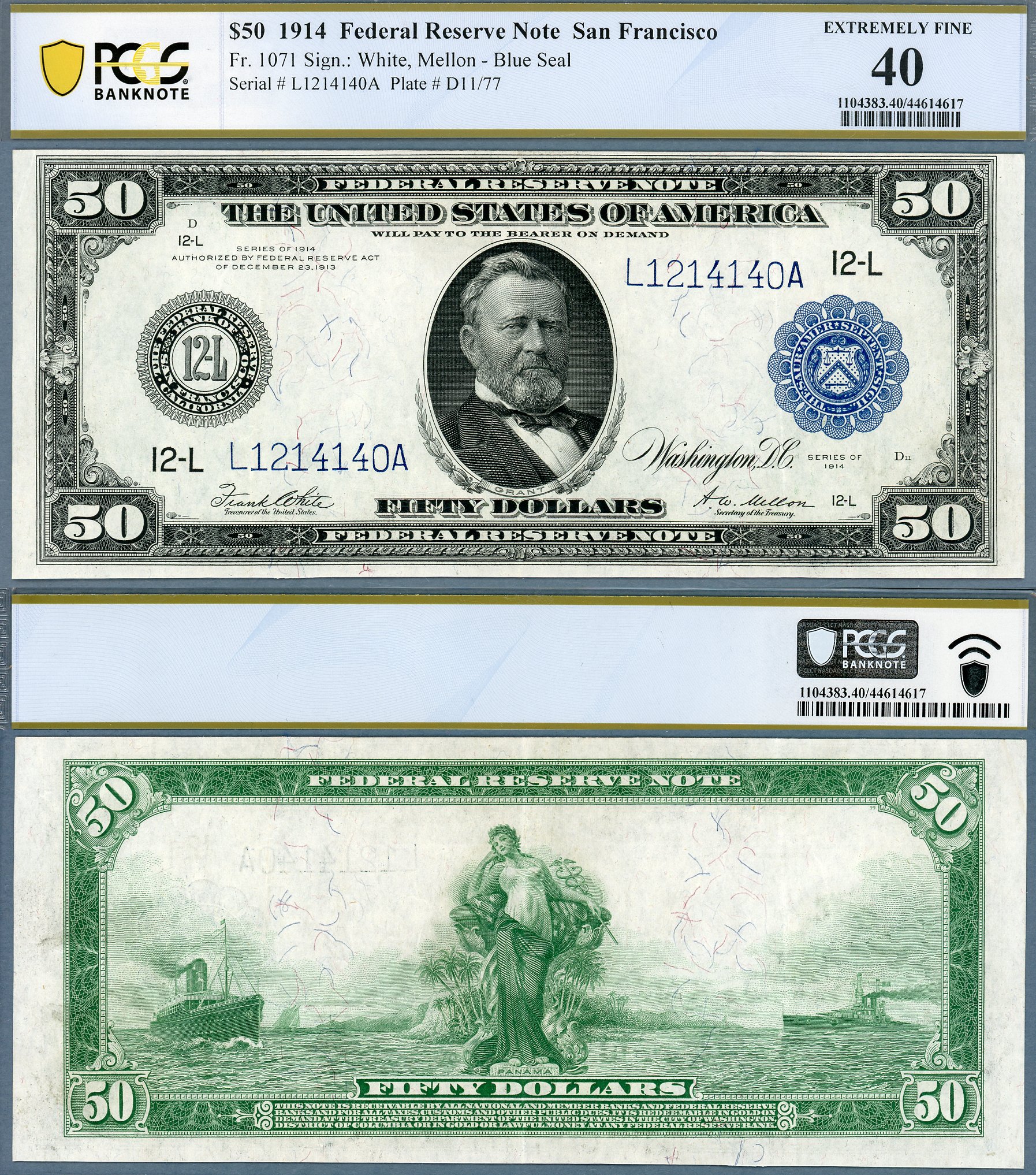 1914 $50 Federal Reserve Note FR-1071 San Francisco PCGS B EF 40 S/N L1214140A