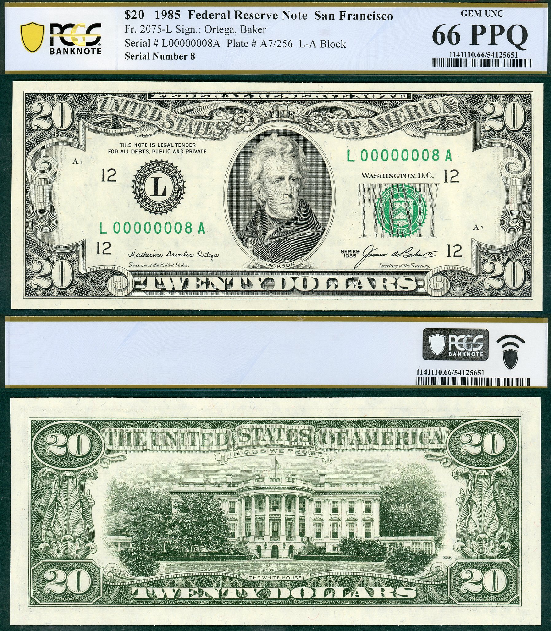 1985 $20 Federal Reserve Note PCGS B GEM 66PPQ Low Fancy S/N L00000008A