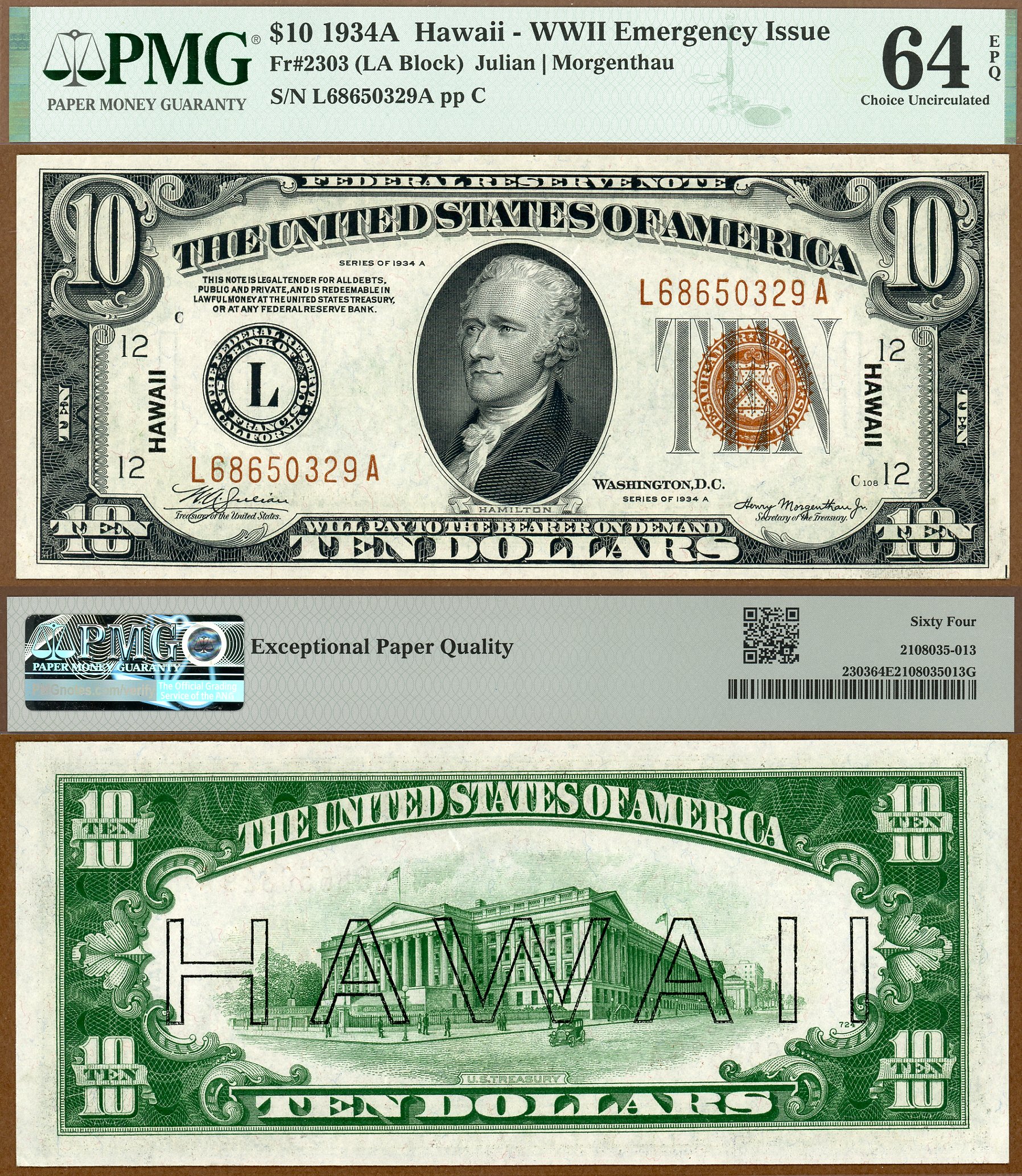 1934A $10 Hawaii FRN FR-2303 PMG CU 64EPQ S/N L68650329A #3 of 4 Consecutive