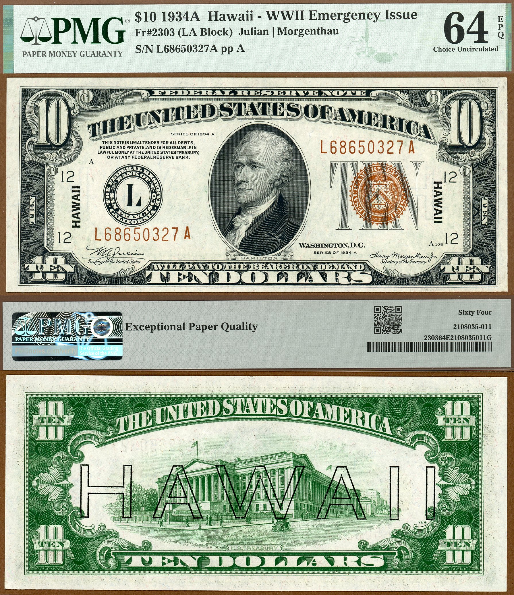 1934A $10 Hawaii FRN FR-2303 PMG CU 64EPQ S/N L68650327A #1 of 4 Consecutive