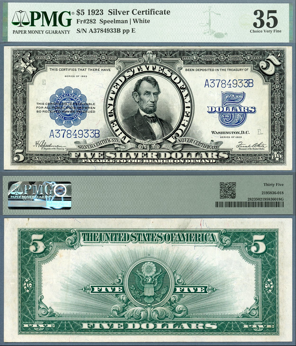 1923 $5 Silver Certificate "The Porthole Note" FR-282 PMG VF35 S/N A3784933B