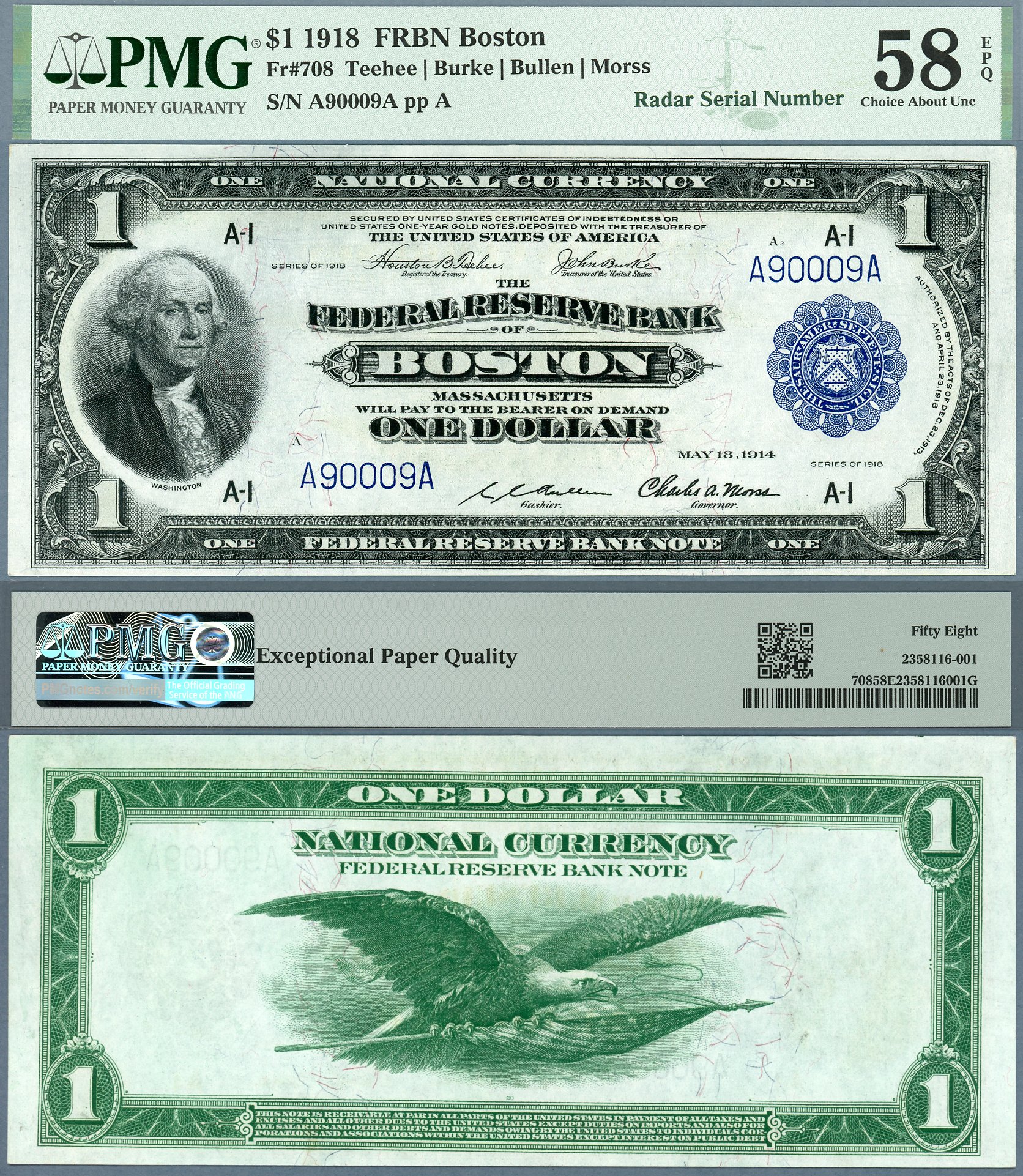 1918 $1 Federal Reserve Bank Note FR-708 PMG AU 58EPQ Radar S/N A90009A