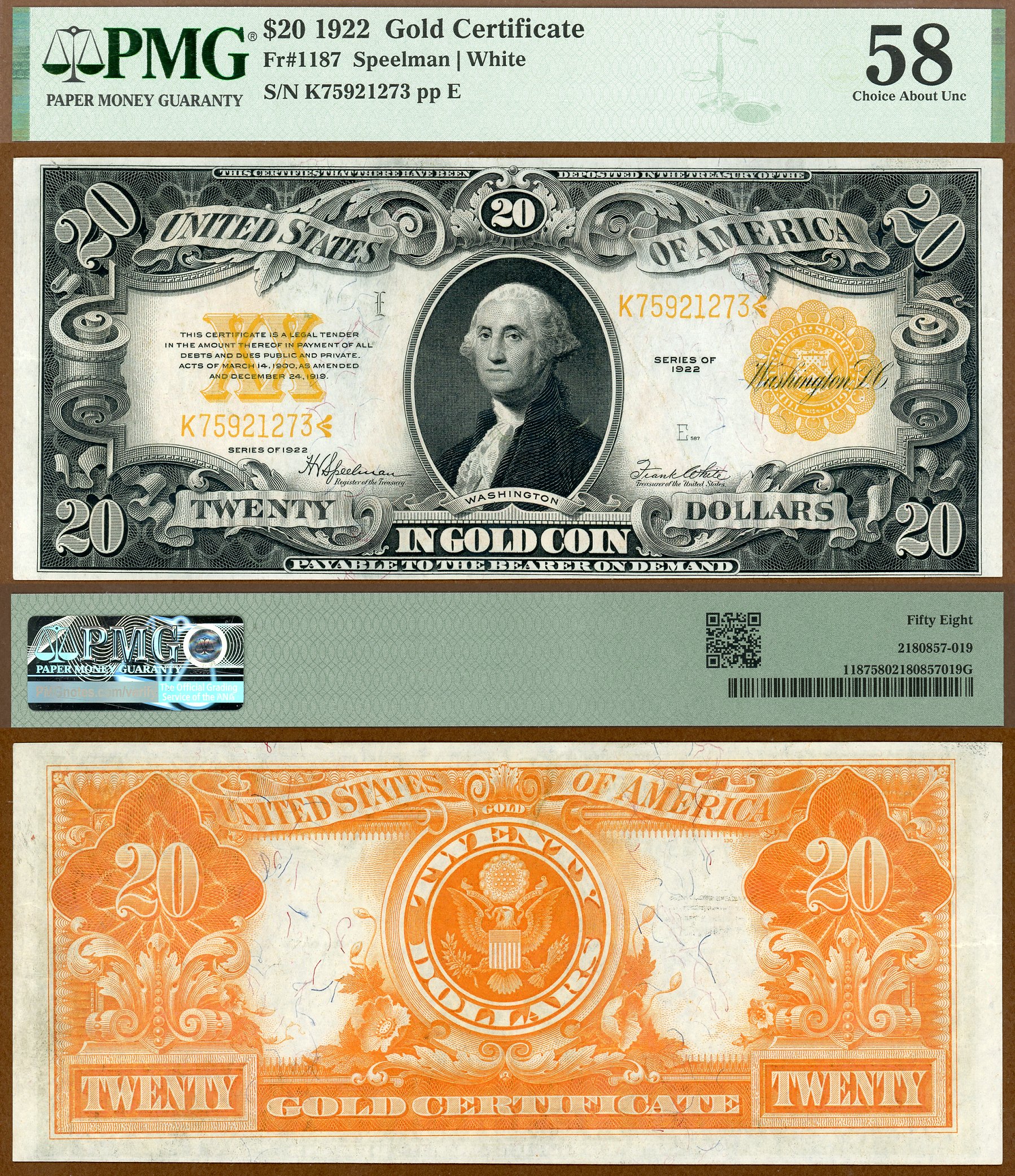 1922 $20 Gold Certificate FR-1187 PMG About Uncirculated 58 S/N K75921273