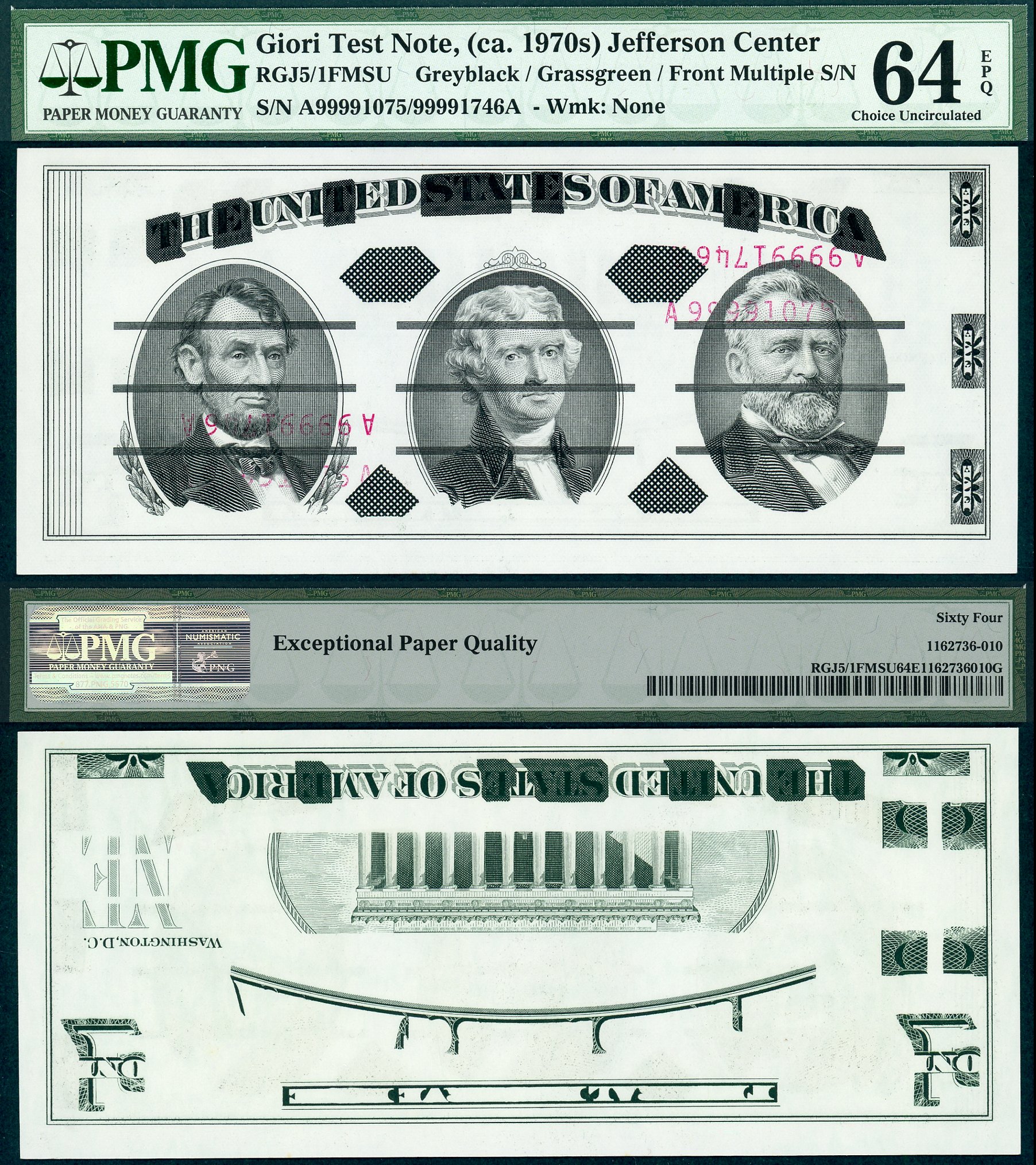 Giori Test Note Jefferson Center Multiple S/N A99991075/99991746A