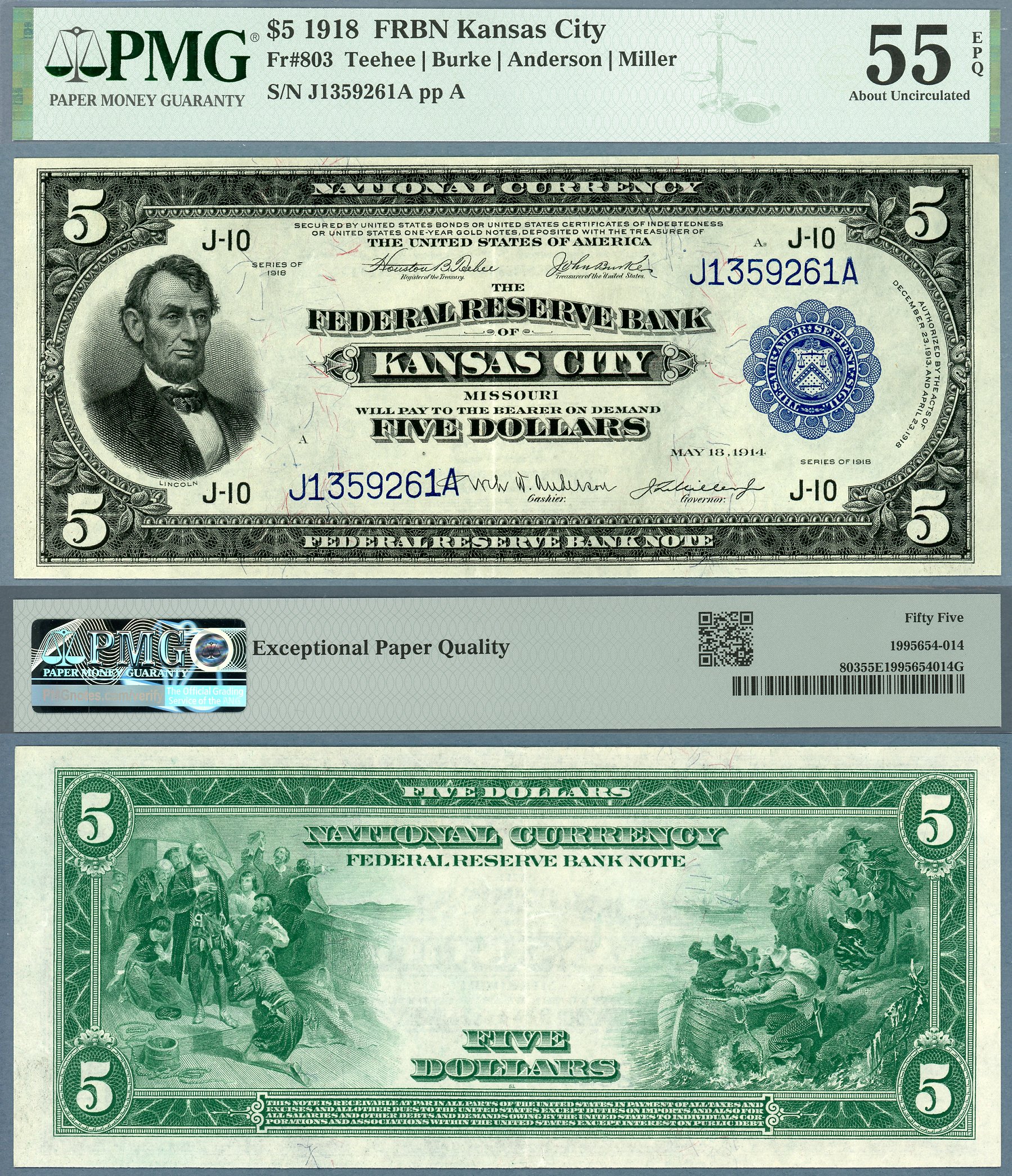 1918 $5 FRBN FR-803 Kansas City Lincoln PMG AU 55EPQ S/N J1359261A