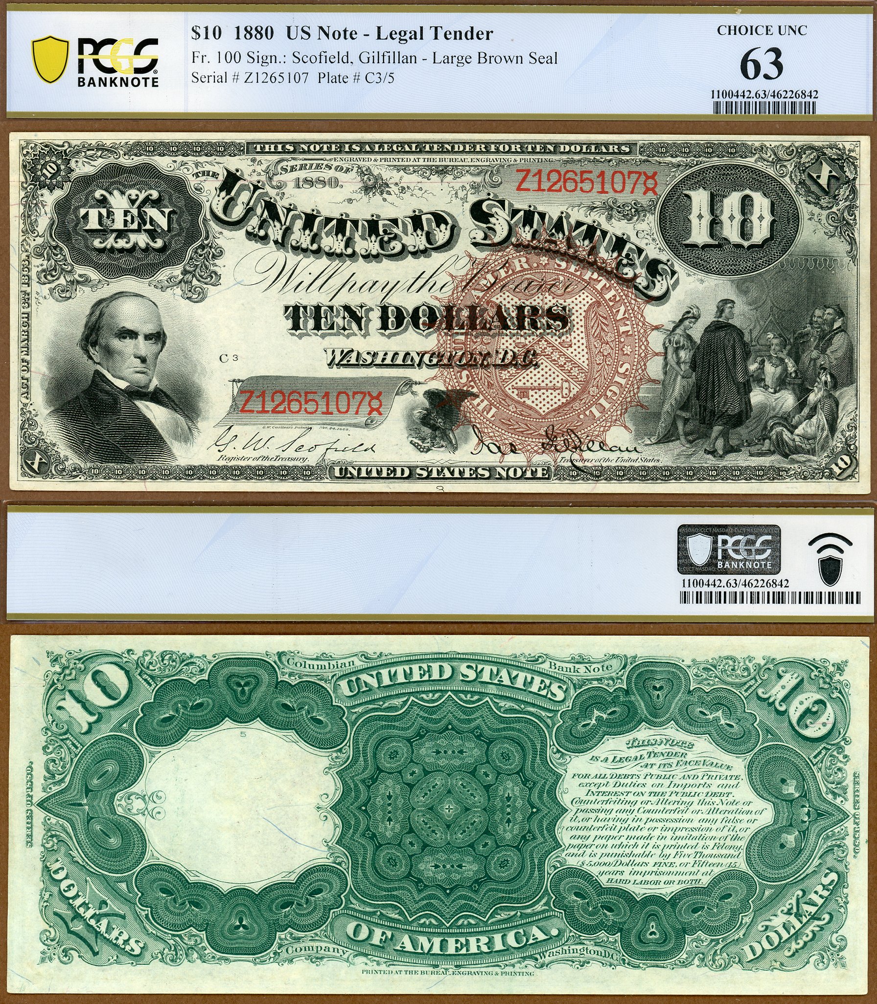 1880 $10 Legal Tender Note FR-100 Jackass PCGS B CU63 S/N Z1265107