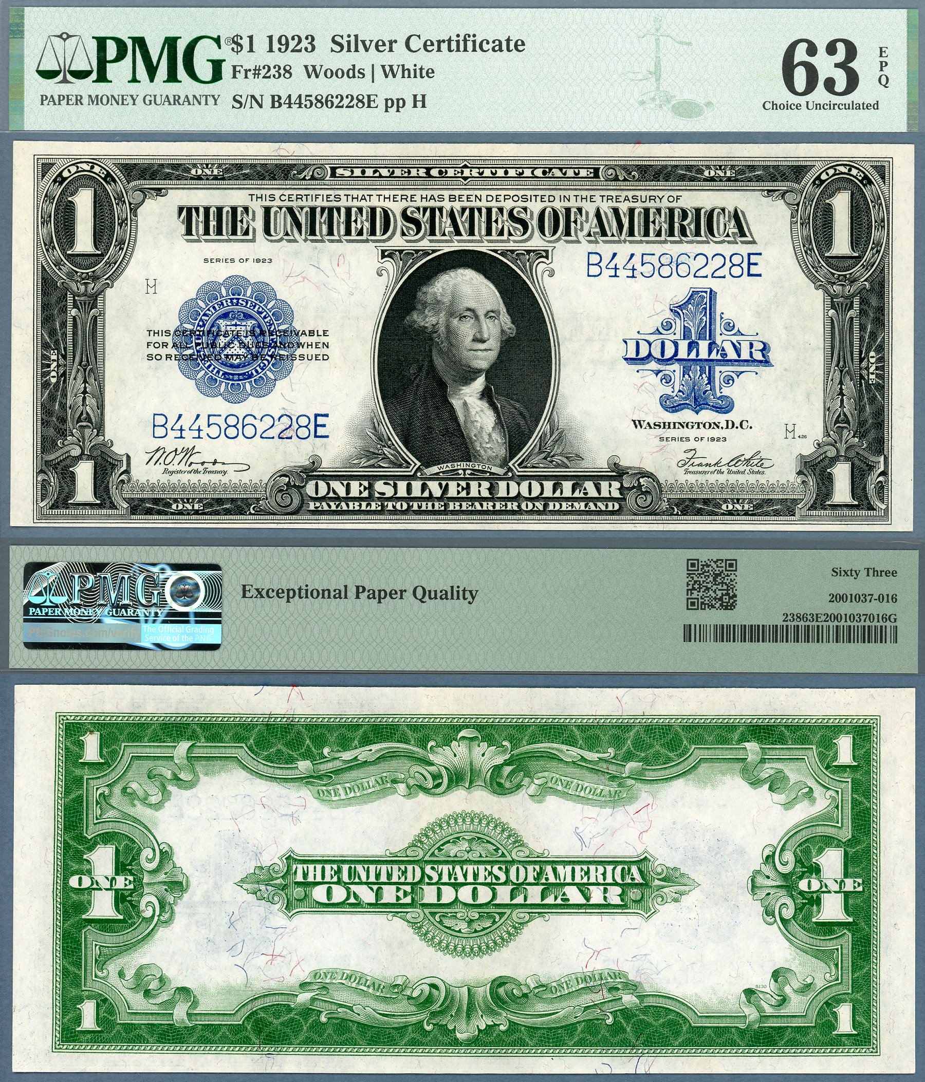 1923 $1 Silver Certificate FR-238 PMG CU63EPQ S/N B44586228E #2 of 5 Consecutive