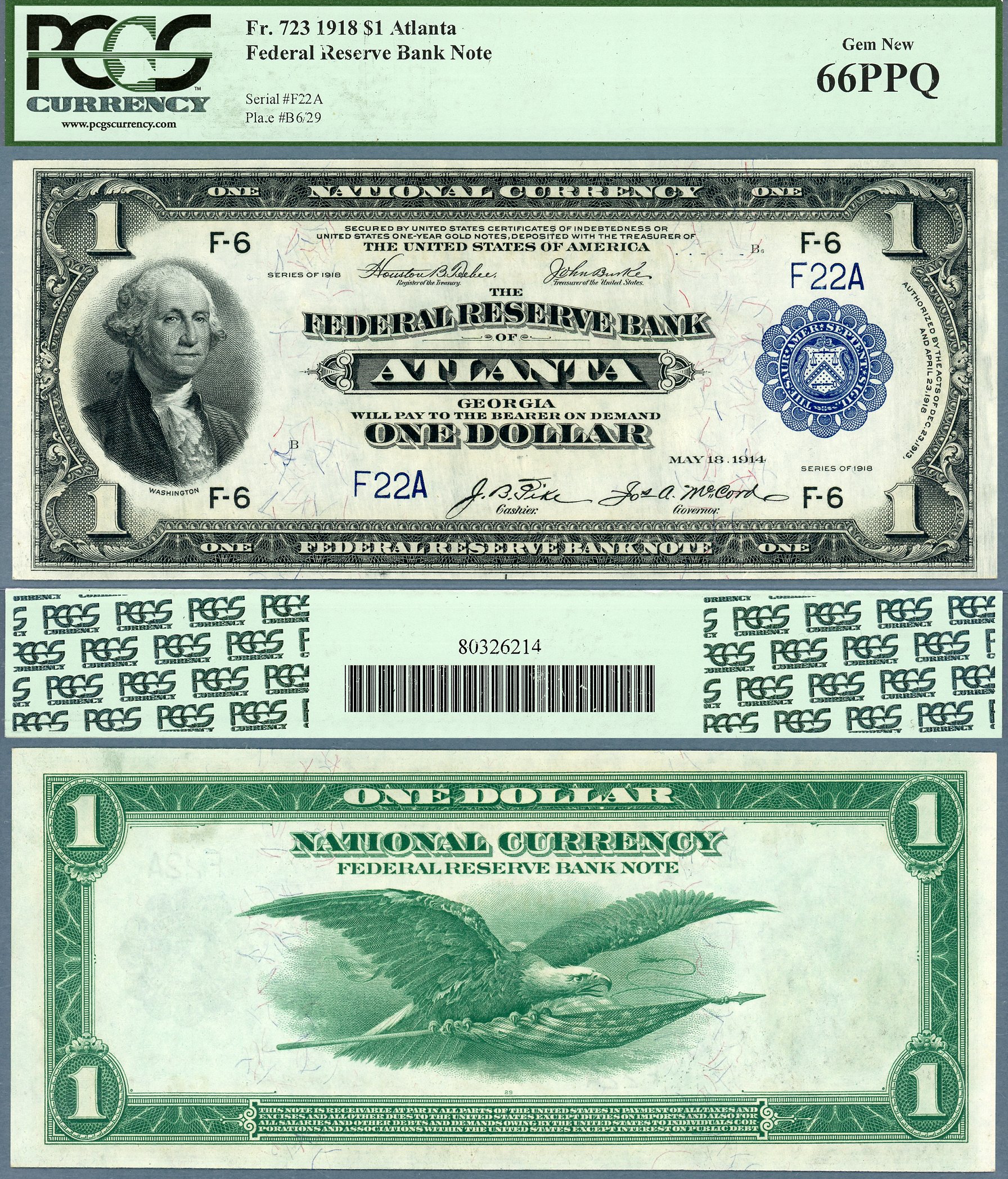 1918 $1 FRBN FR-723 Atlanta PCGS Gem New 66PPQ Low Two Digit S/N F22A