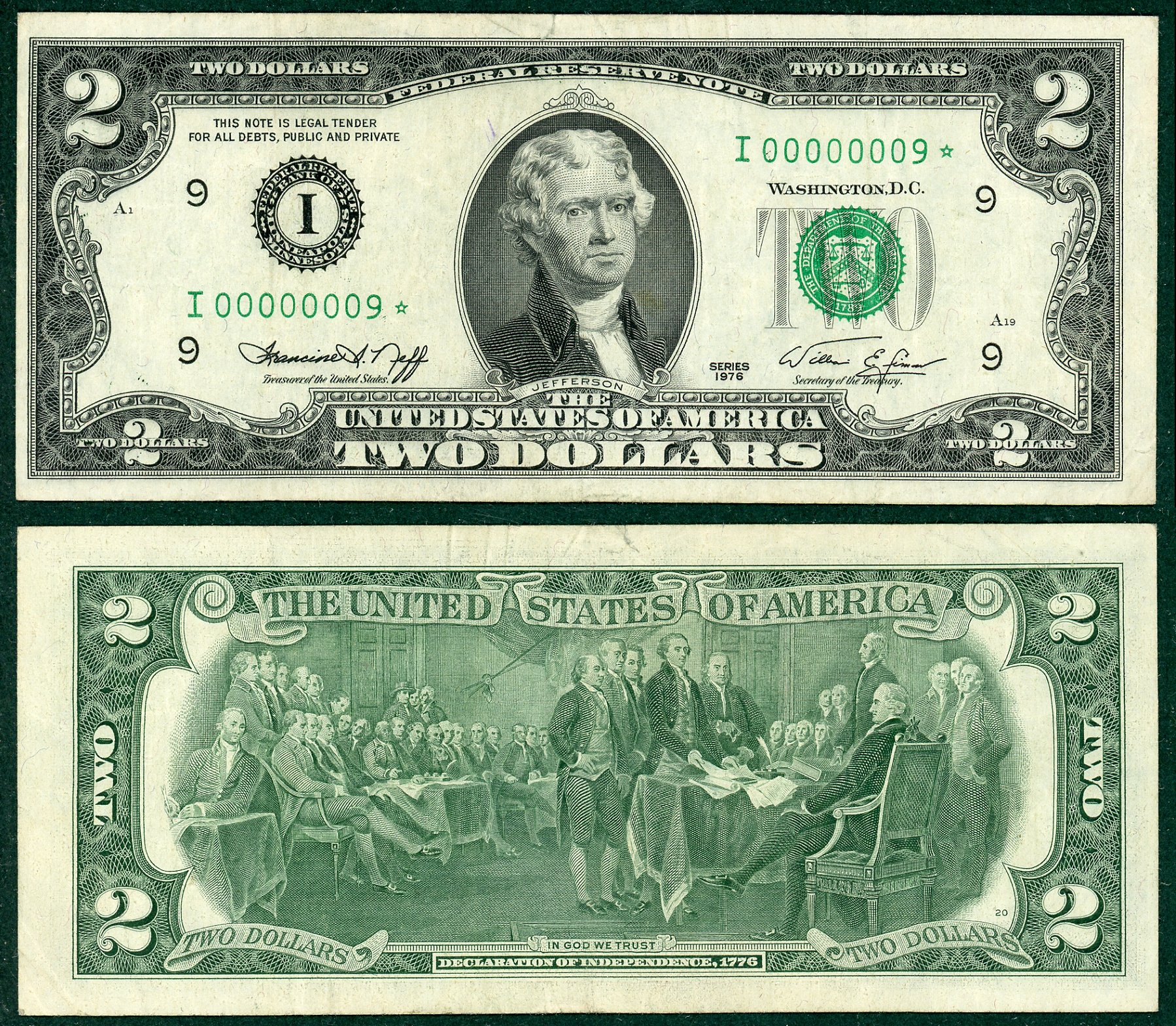 1976 $2 Federal Reserve Star Note FR-1935I* S/N I00000009*