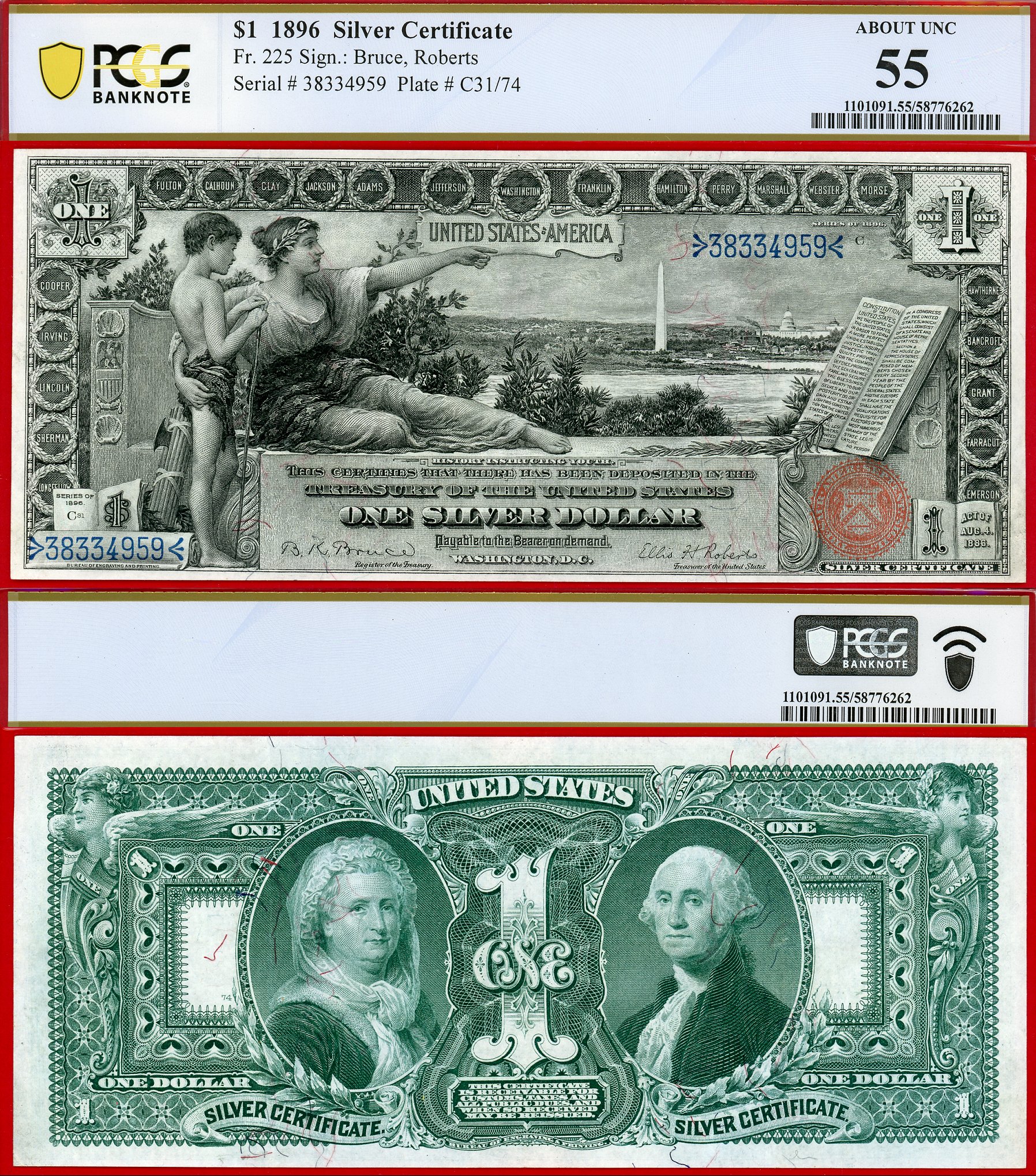 1896 $1 Silver Certificate FR-225 Educational Note PCGS About Unc 55 S/N 38334959