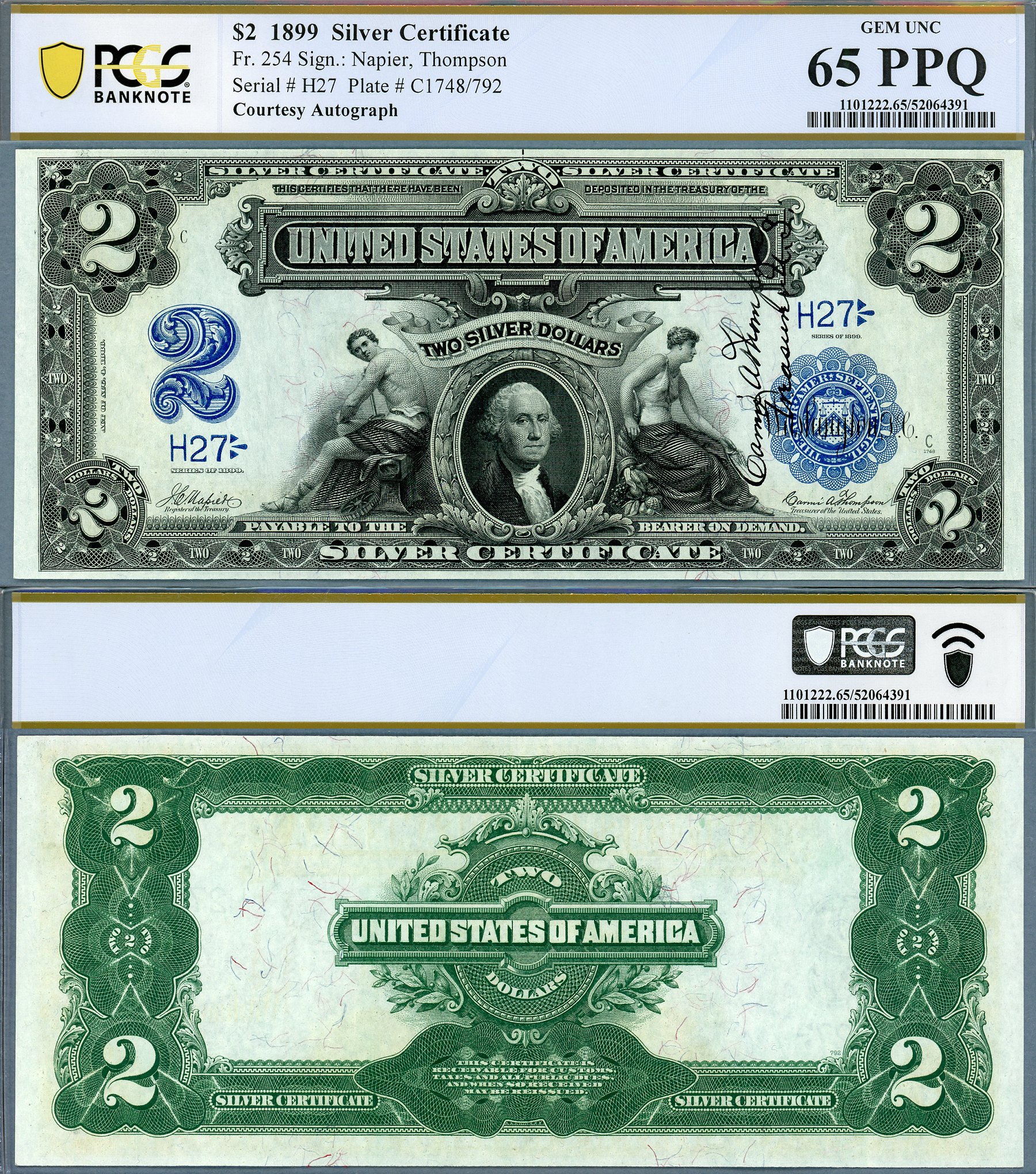 1899 $2 Silver Certificate FR-254 PCGS B Gem Unc 65PPQ Low S/N H27