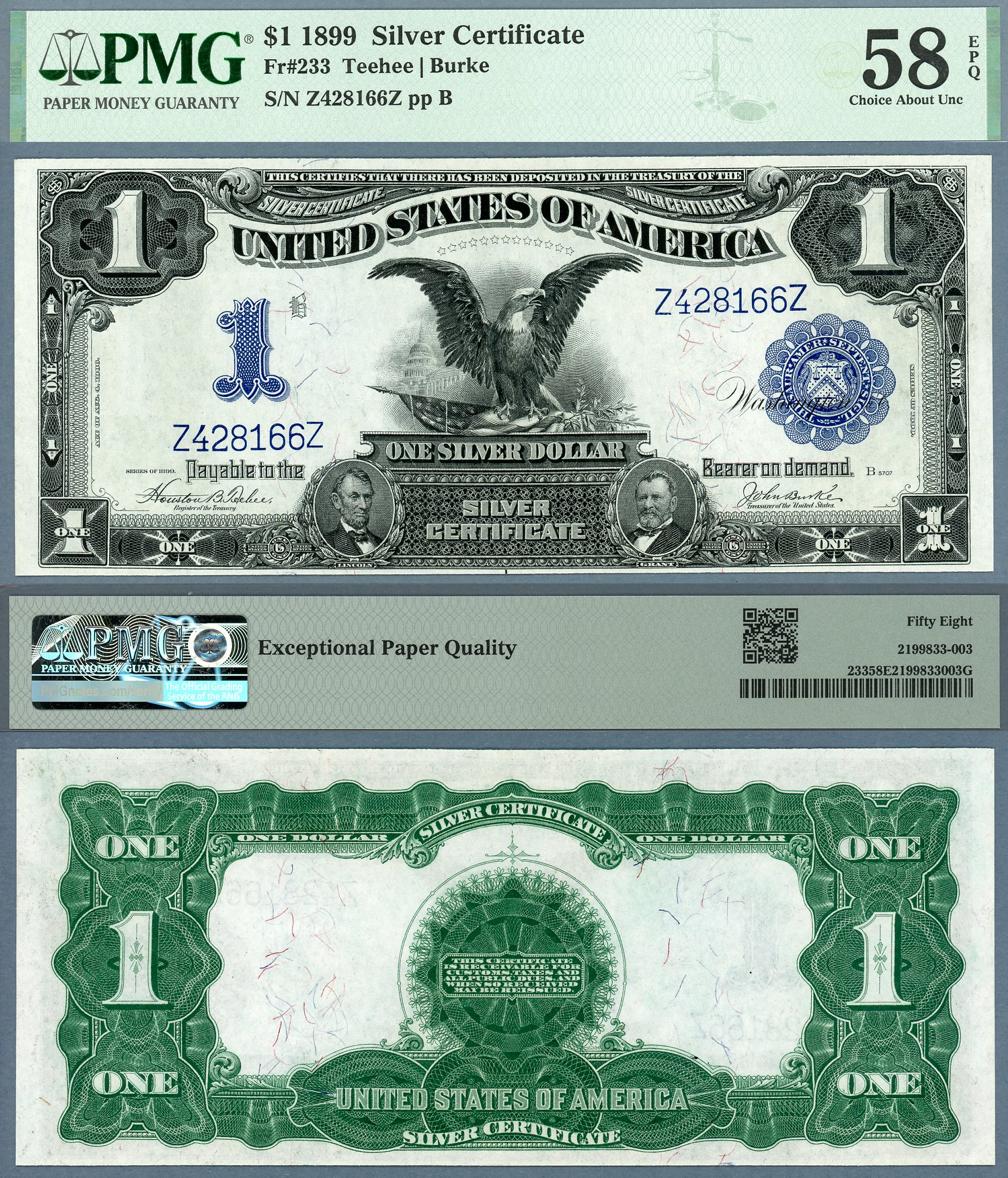 1899 $1 Silver Certificate FR-233 PMG Choice About Unc 58EPQ S/N Z428166Z