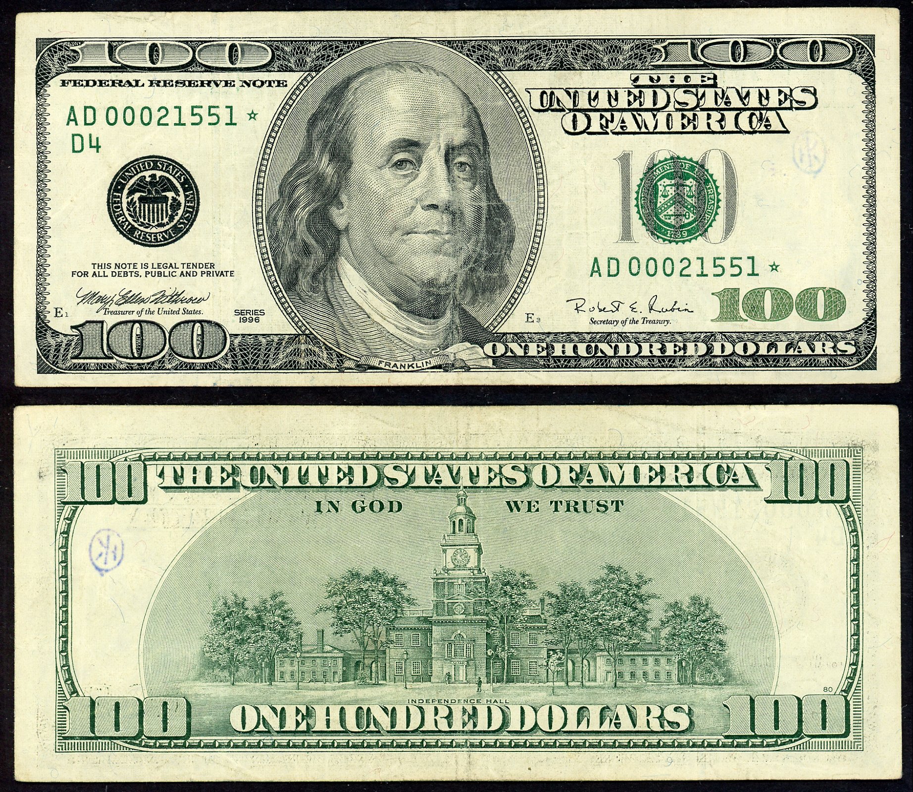 1996 $100 Federal Reserve FR2175-D* D Star* Clevland S/N AD00021551* Only 160,000 Printed