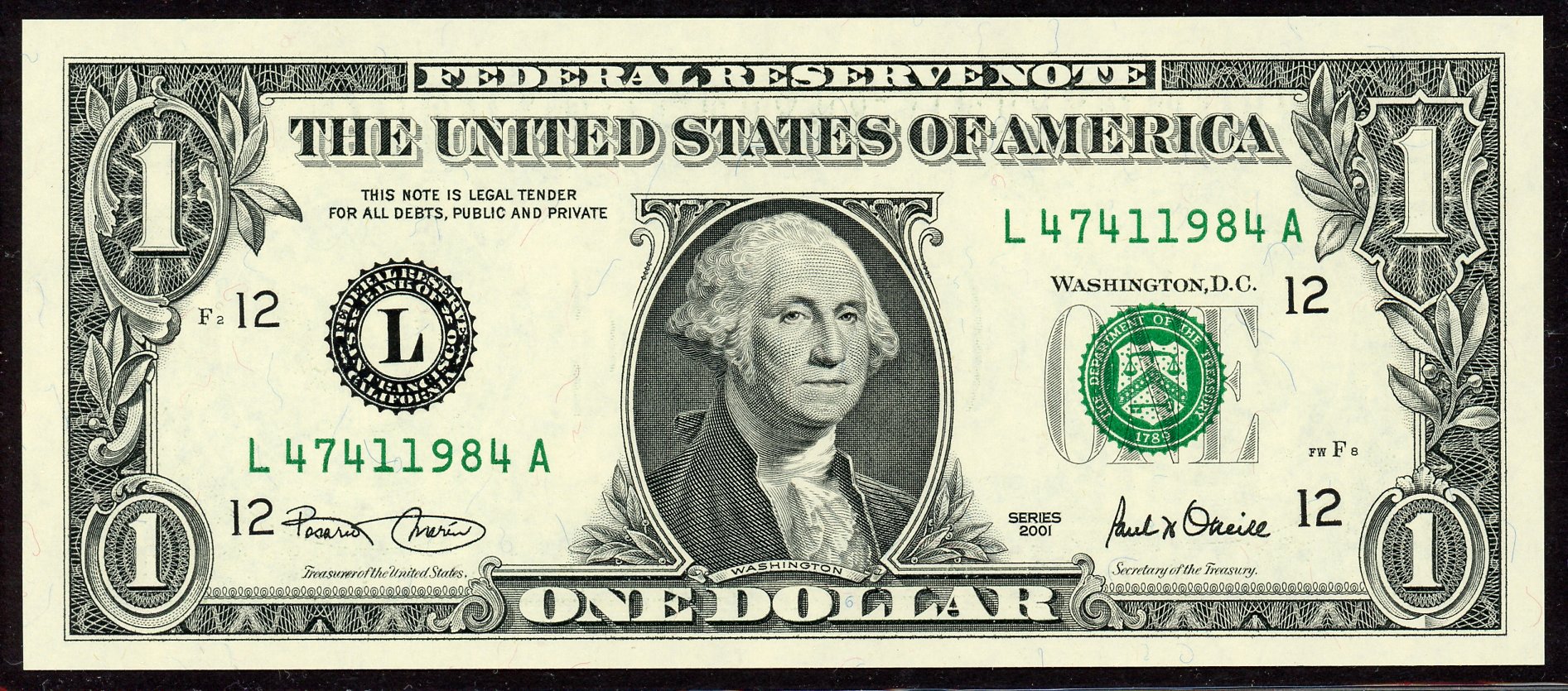 2001 $1 Federal Reserve Note S/N L47411984A