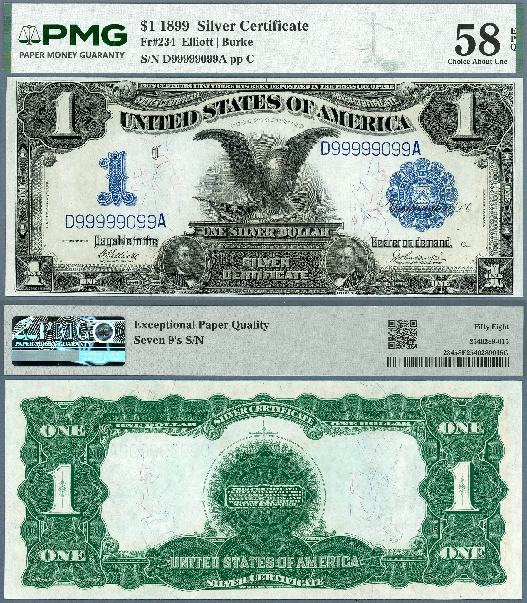 1899 Silver Certificate FR-234 PMG Choice About Unc 58EPQ S/N D99999099A