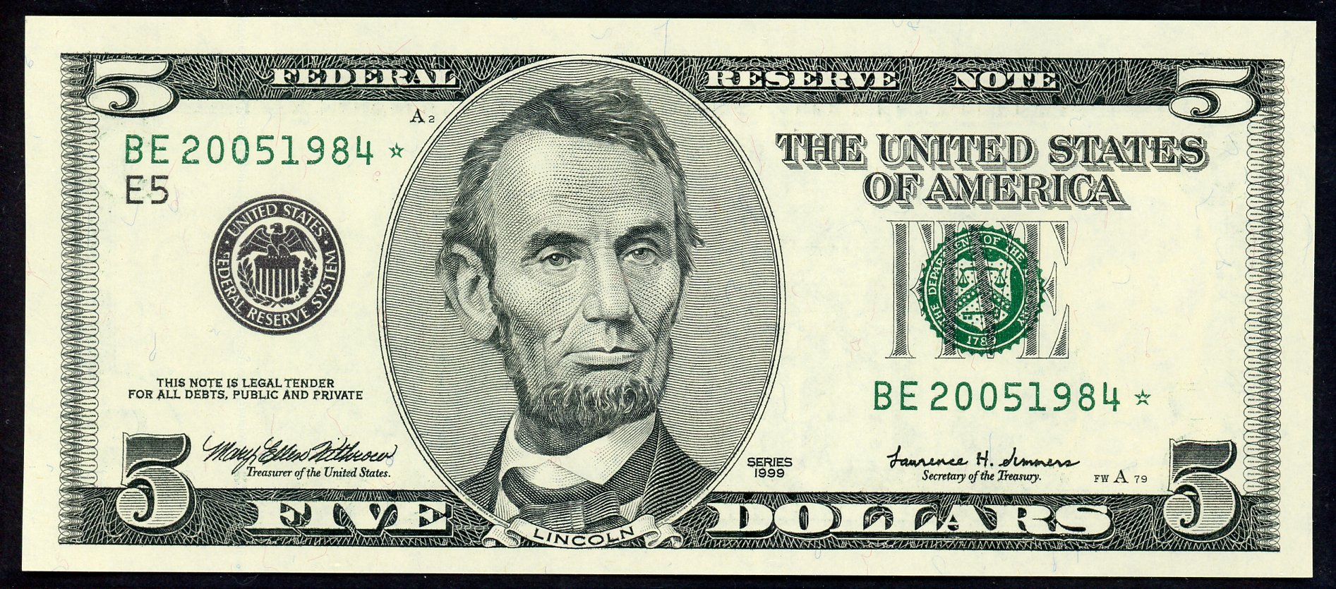 1999 $5 Federal Reserve Star Note S/N BE20051984*