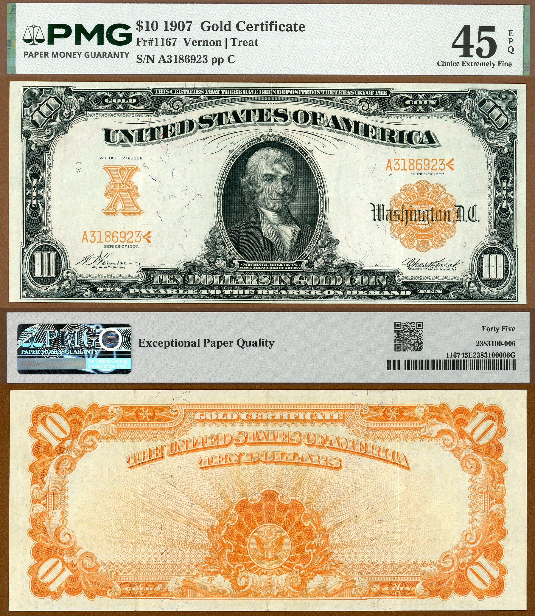 1907 $10 Gold Certificate FR-1167 PMG Choice Extremely Fine 45EPQ S/N A3186923