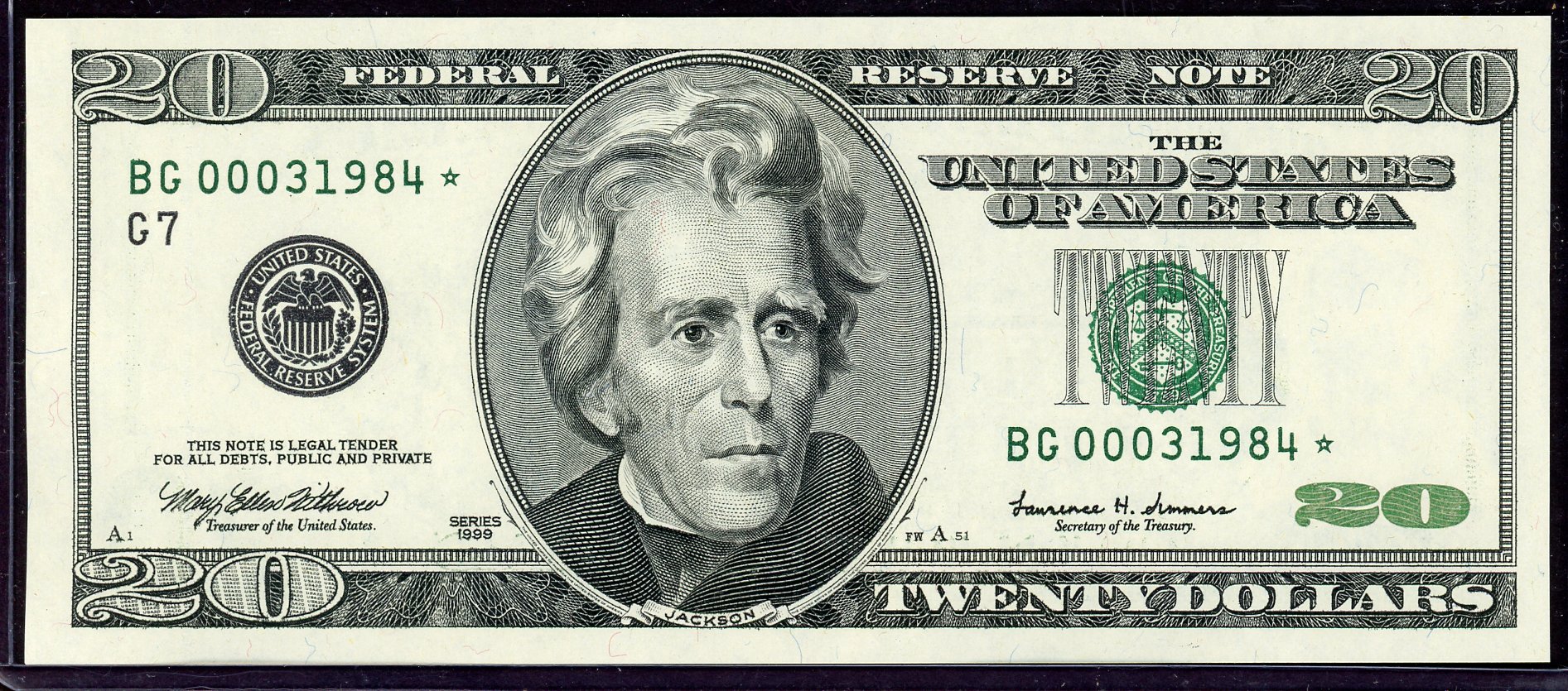 1999 $20 Federal Reserve Star Note S/N BG00031984*