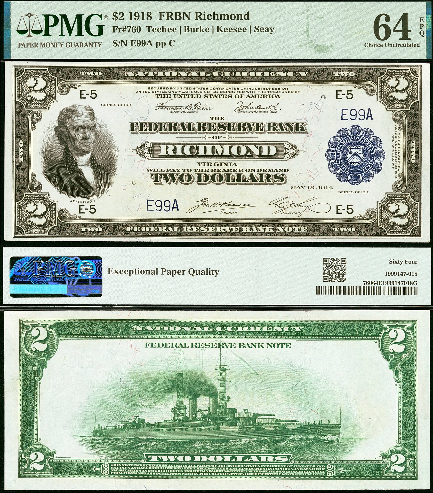 1918 $2 Federal Reserve Bank Note FR-760 PMG CU64EPQ S/N E99A