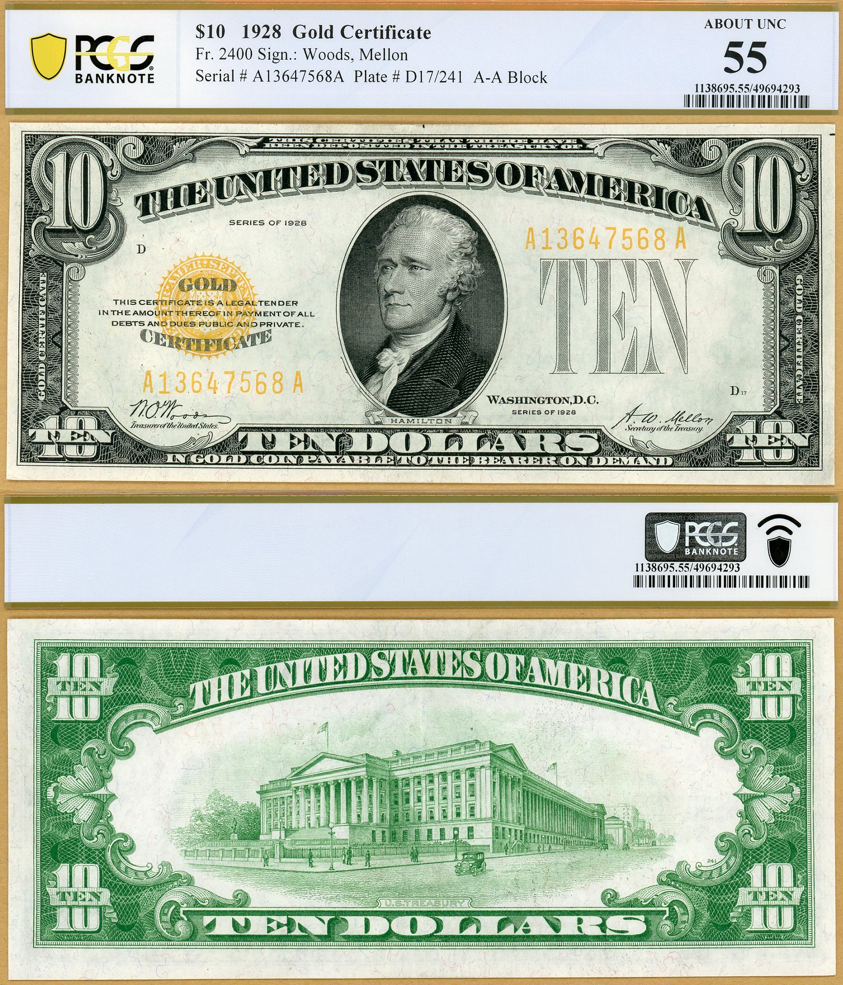 1928 $10 Gold Certificate FR-2400 PCGS B AU55 S/N A13647568A