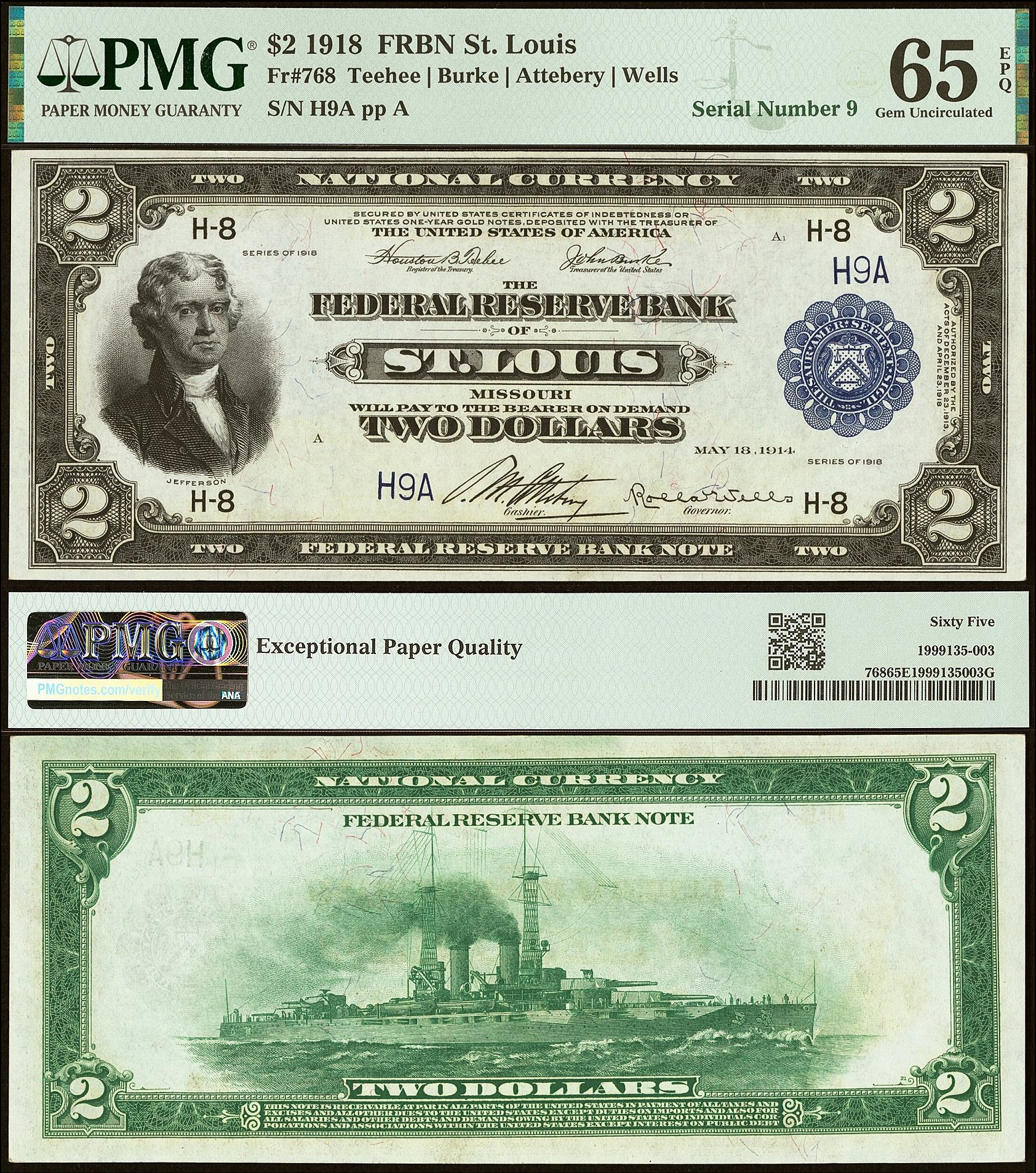 1918 $2 FRBN FR768 PMG Gem 65 EPQ S/N H9A