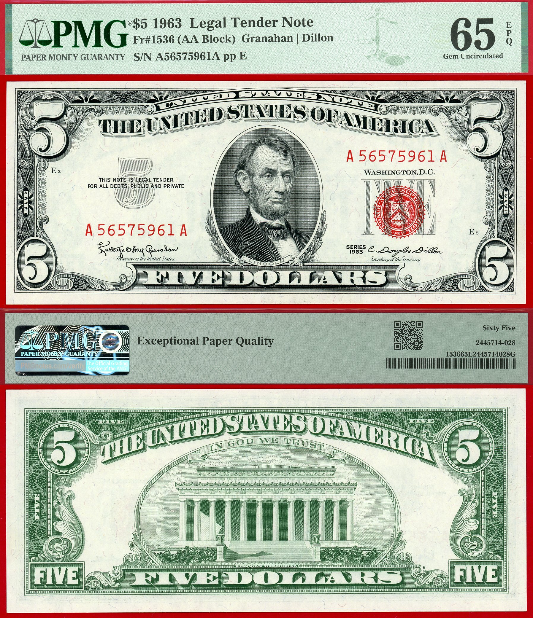 1963 $5 Legal Tender Note FR-1536 PMG Gem 65EPQ S/N A56575961A