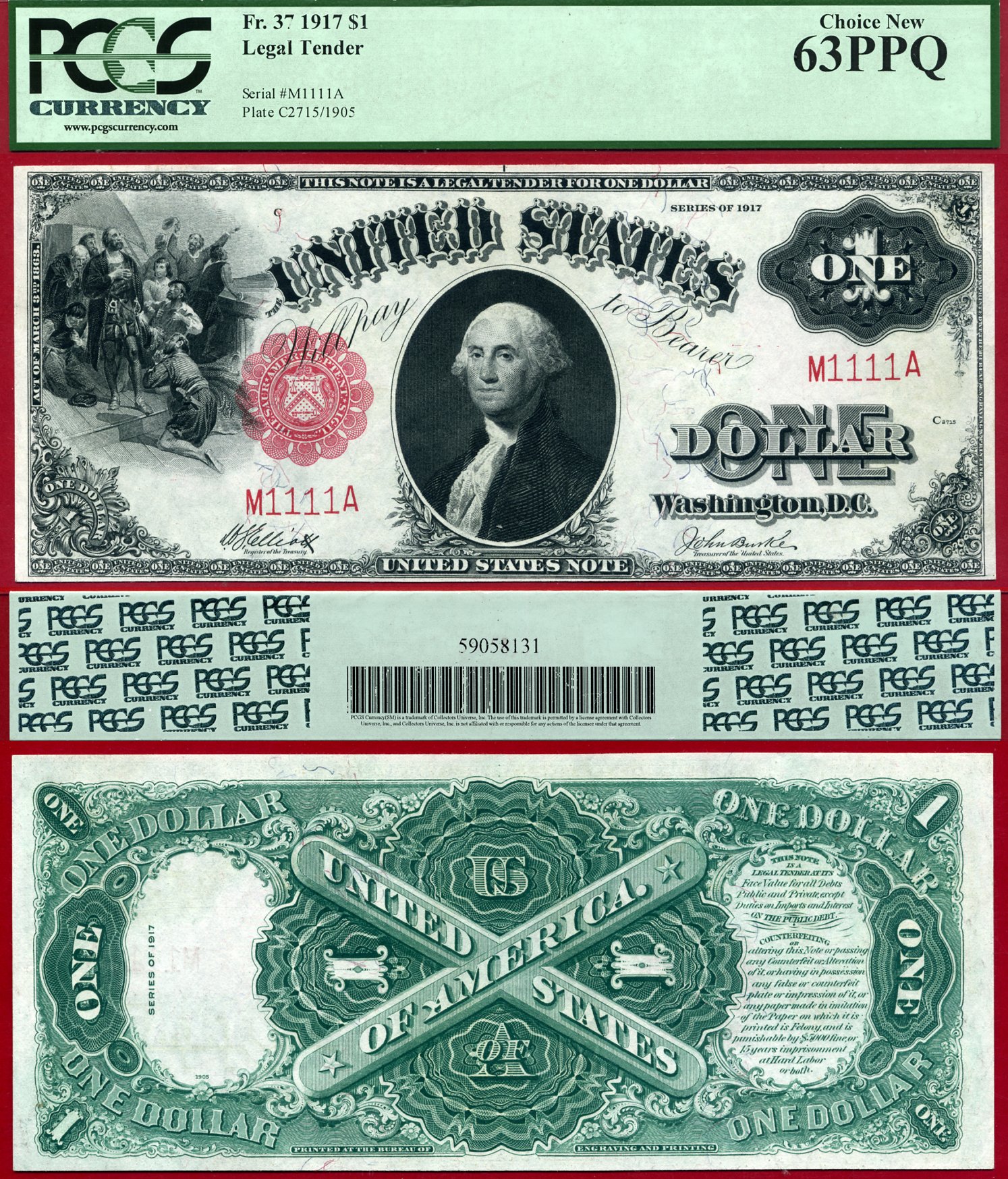 1917 $1 Legal Tender Note FR-37 PCGS CU 63PPQ Fancy Solid S/N M1111A
