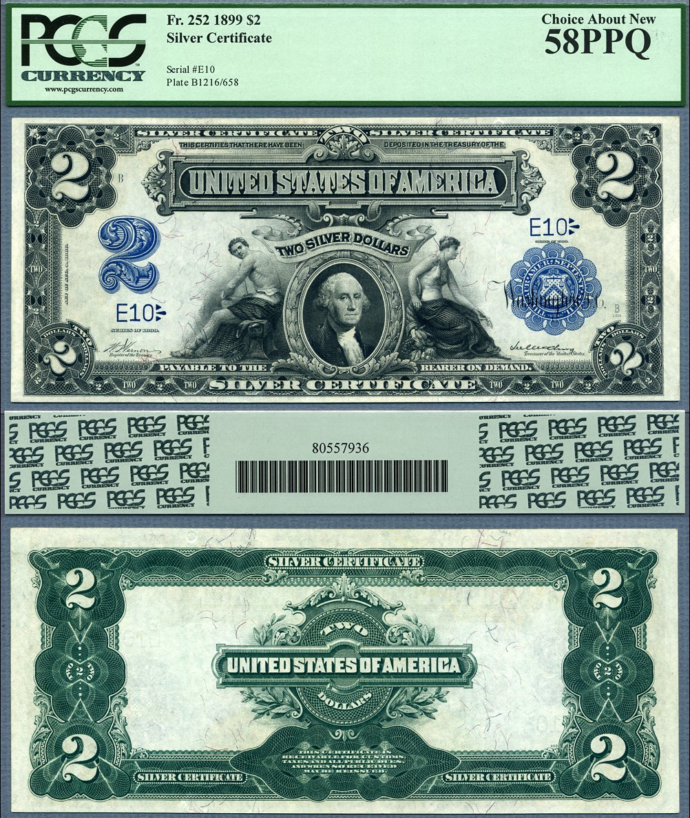 1899 $2 Silver Certificate FR-252 PCGS AU 58PPQ Low & Fancy S/N E10