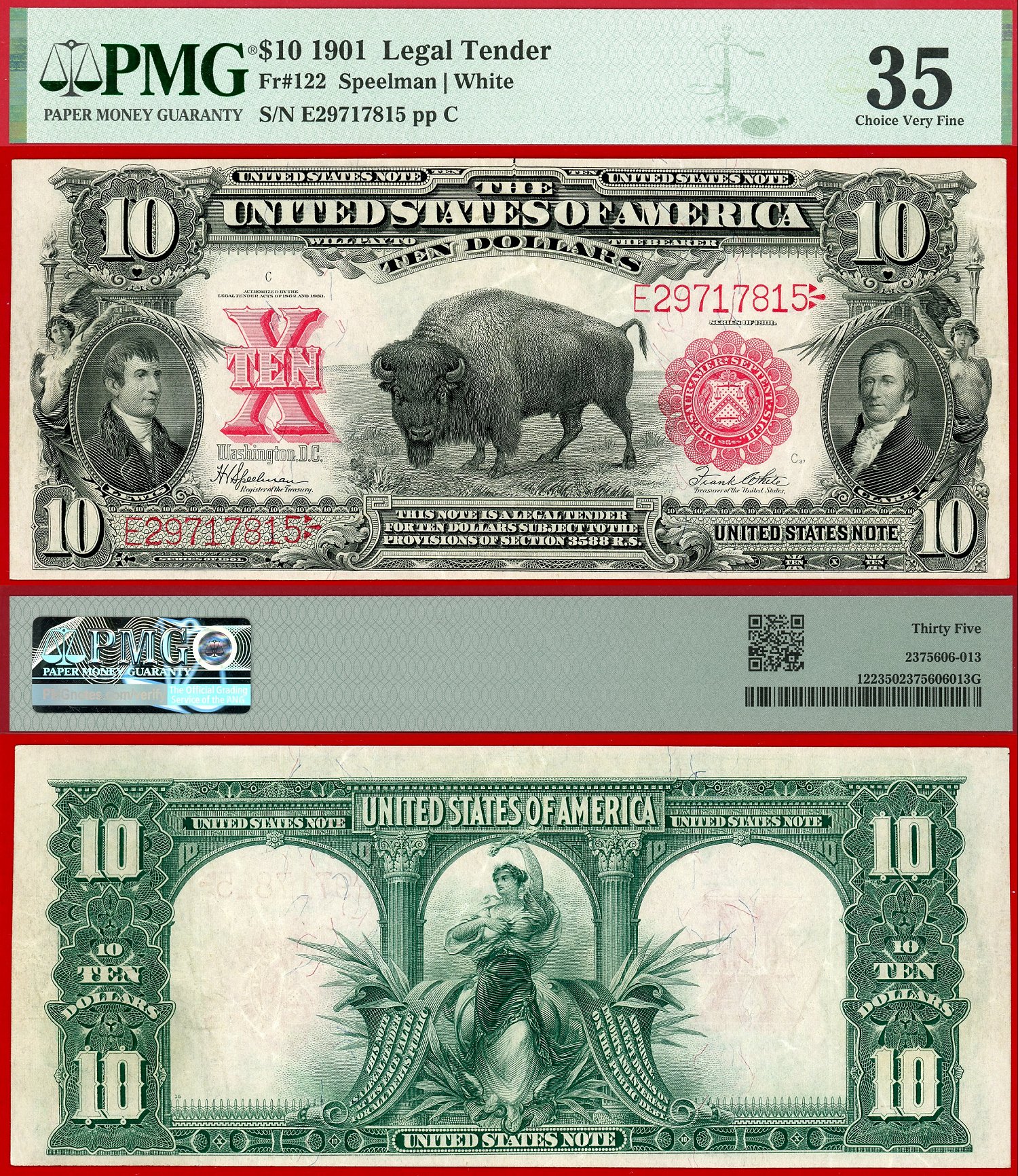 1901 $10 Legal Tender Note "Bison or Buffalo" FR-122 PMG Graded EF35 S/N E29717815
